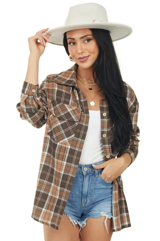 Cocoa and Copper Plaid Button Up Flannel Top sold by Lime Lush