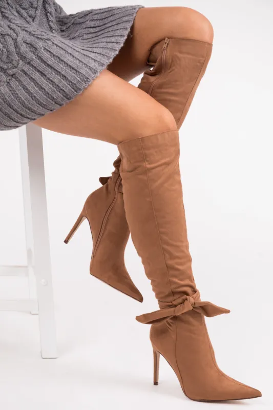 Copper Heeled Knee High Side Bow Detail Boots sold by Lime Lush