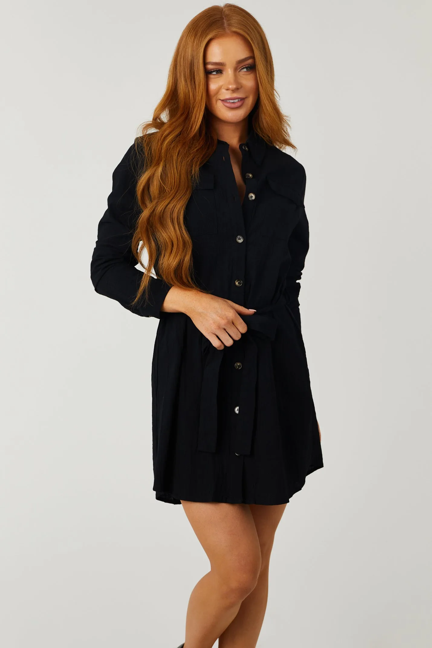 Black Long Sleeve Button Up Waist Tie Shirt Dress sold by Lime Lush product image thumbnail 2