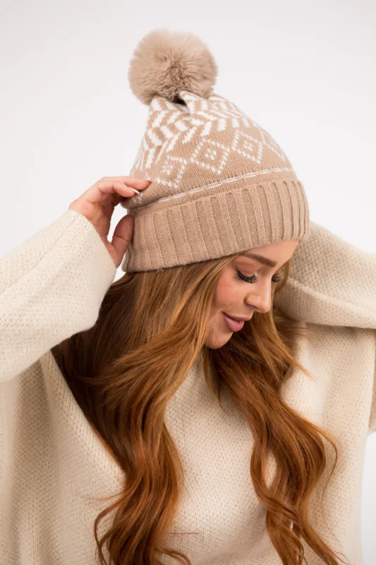 Khaki Printed Faux Fur Pom Pom Beanie sold by Lime Lush