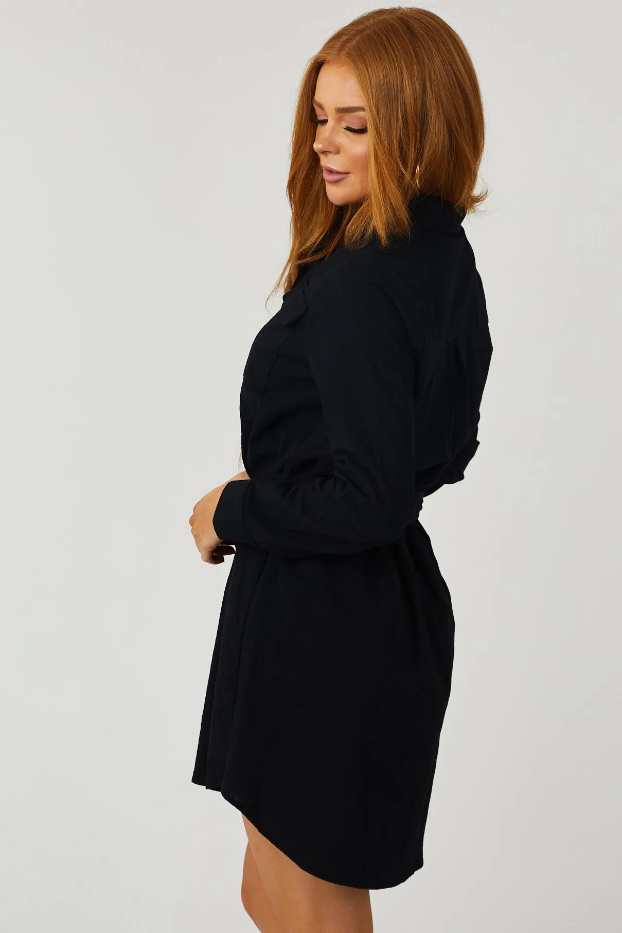 Black Long Sleeve Button Up Waist Tie Shirt Dress sold by Lime Lush product image thumbnail 4