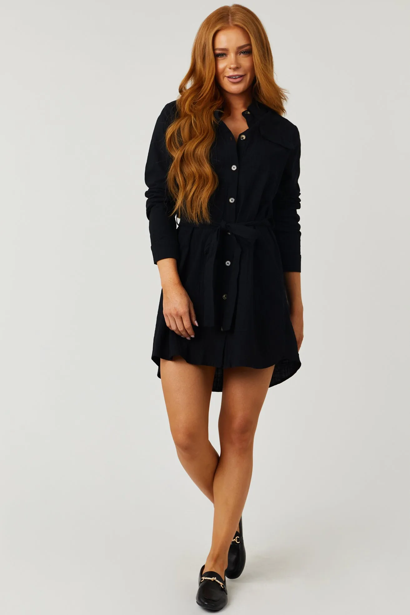 Black Long Sleeve Button Up Waist Tie Shirt Dress sold by Lime Lush product image thumbnail 3