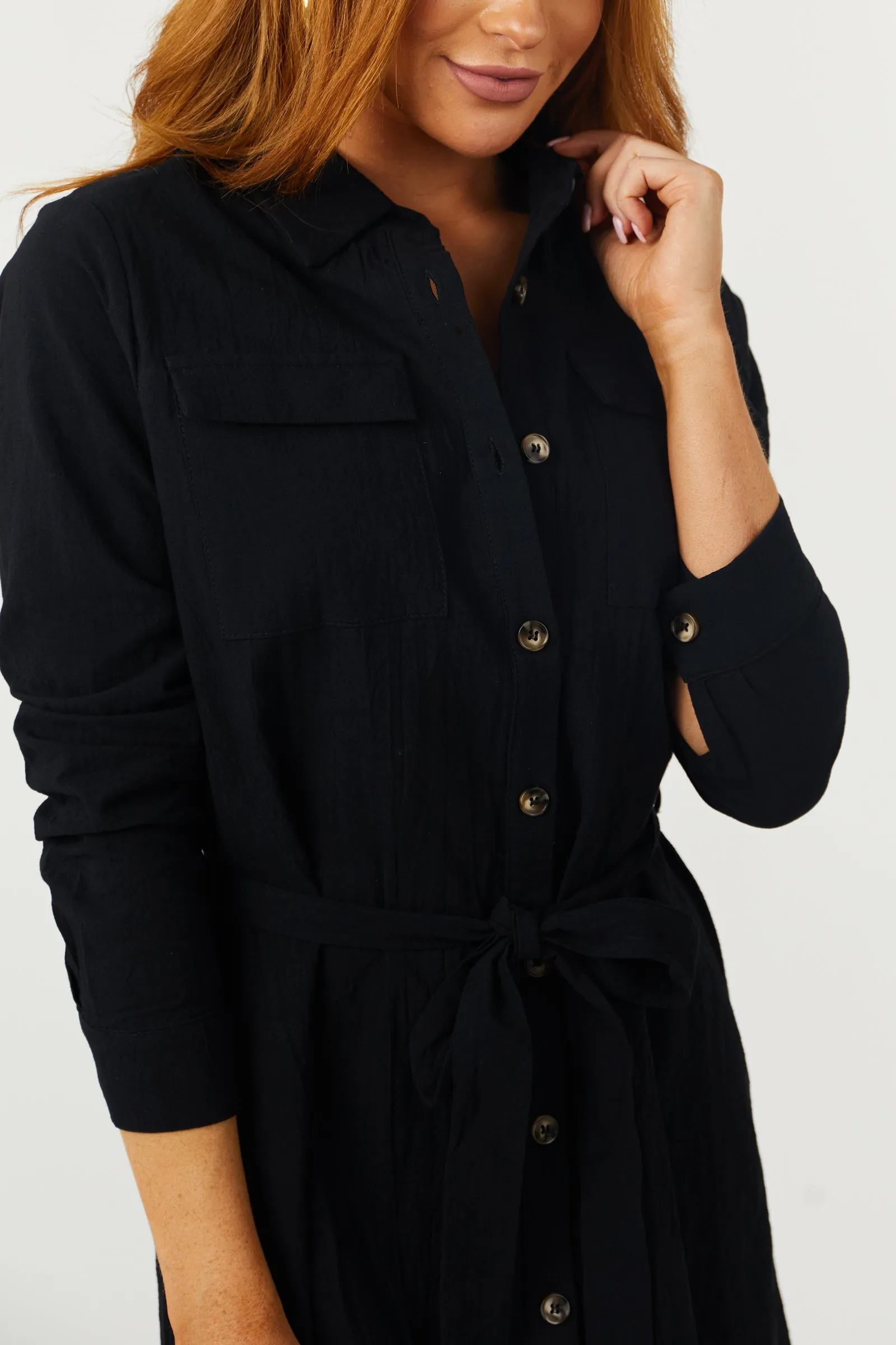 Black Long Sleeve Button Up Waist Tie Shirt Dress sold by Lime Lush product image thumbnail 5