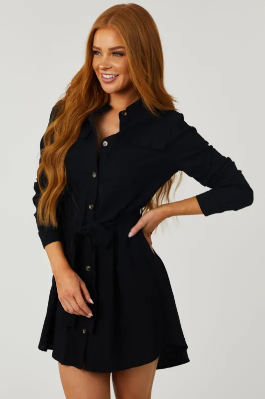 Black Long Sleeve Button Up Waist Tie Shirt Dress sold by Lime Lush