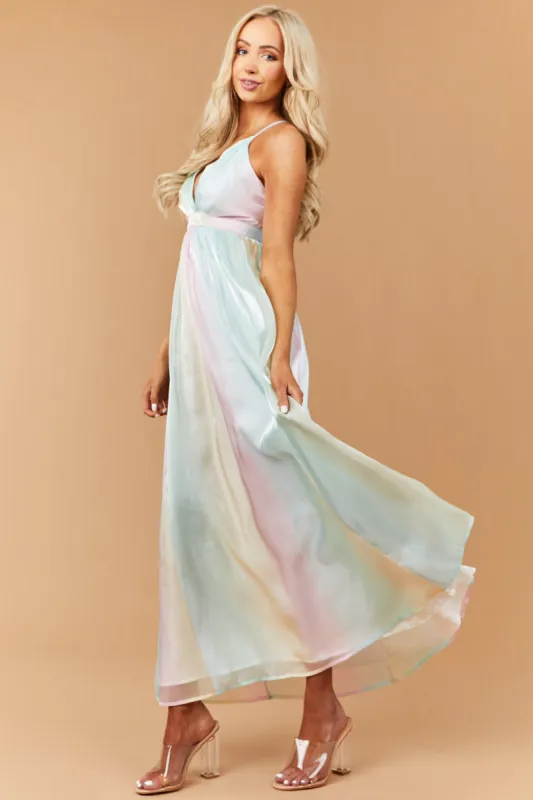 Pastel Rainbow Sleeveless Shimmery Maxi Dress sold by Lime Lush