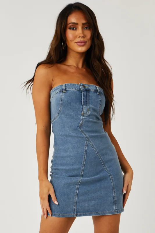 Medium Wash Strapless Denim Zip Up Mini Dress sold by Lime Lush