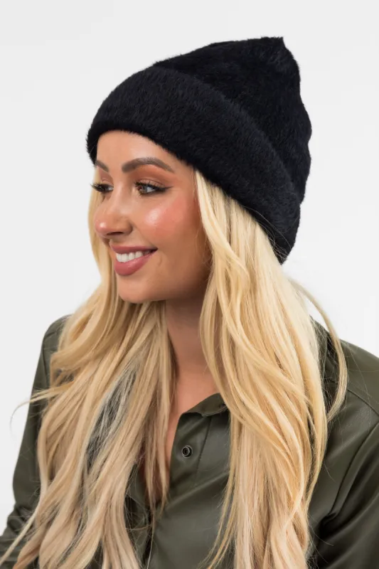 Black Eyelash Faux Fur Ribbed Beanie sold by Lime Lush