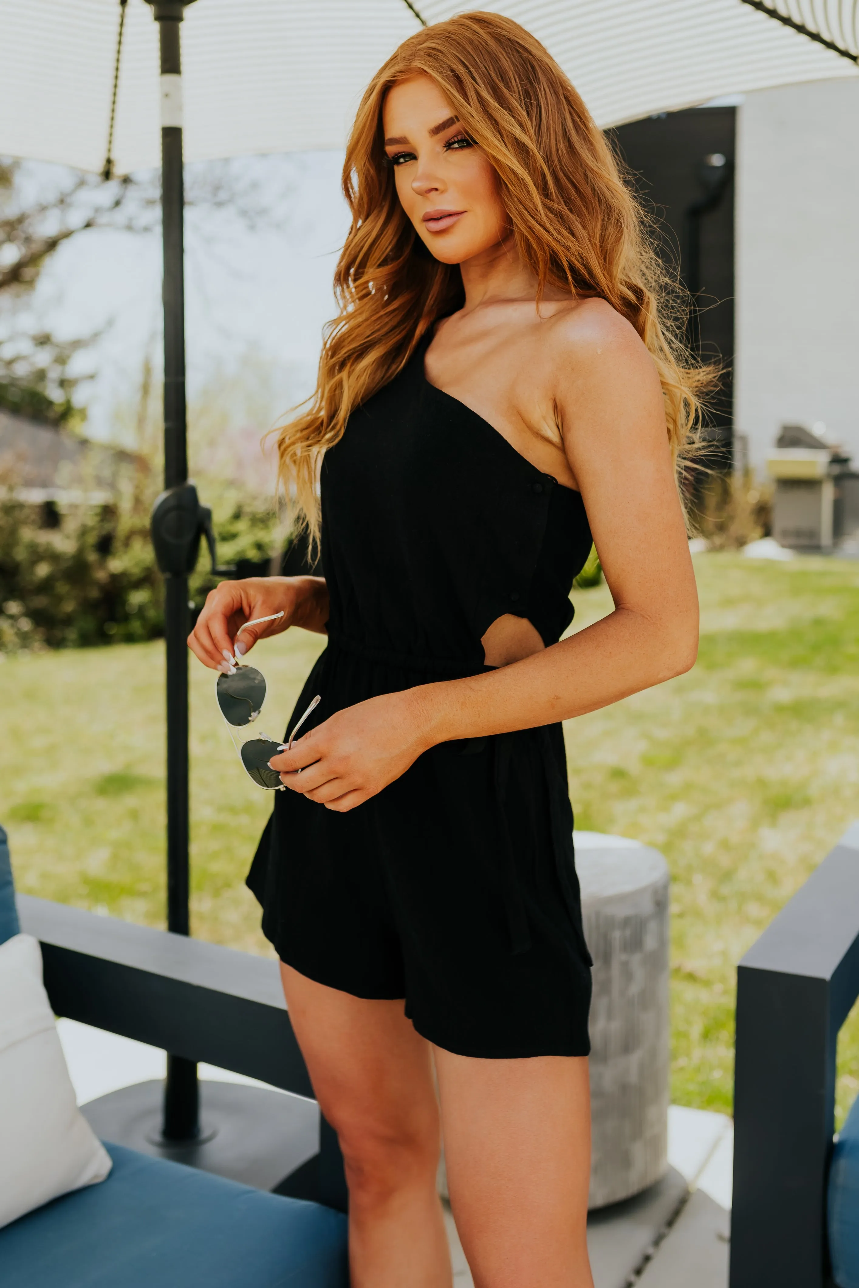 Black One Shoulder Waist Cut Out Romper sold by Lime Lush product image thumbnail 2