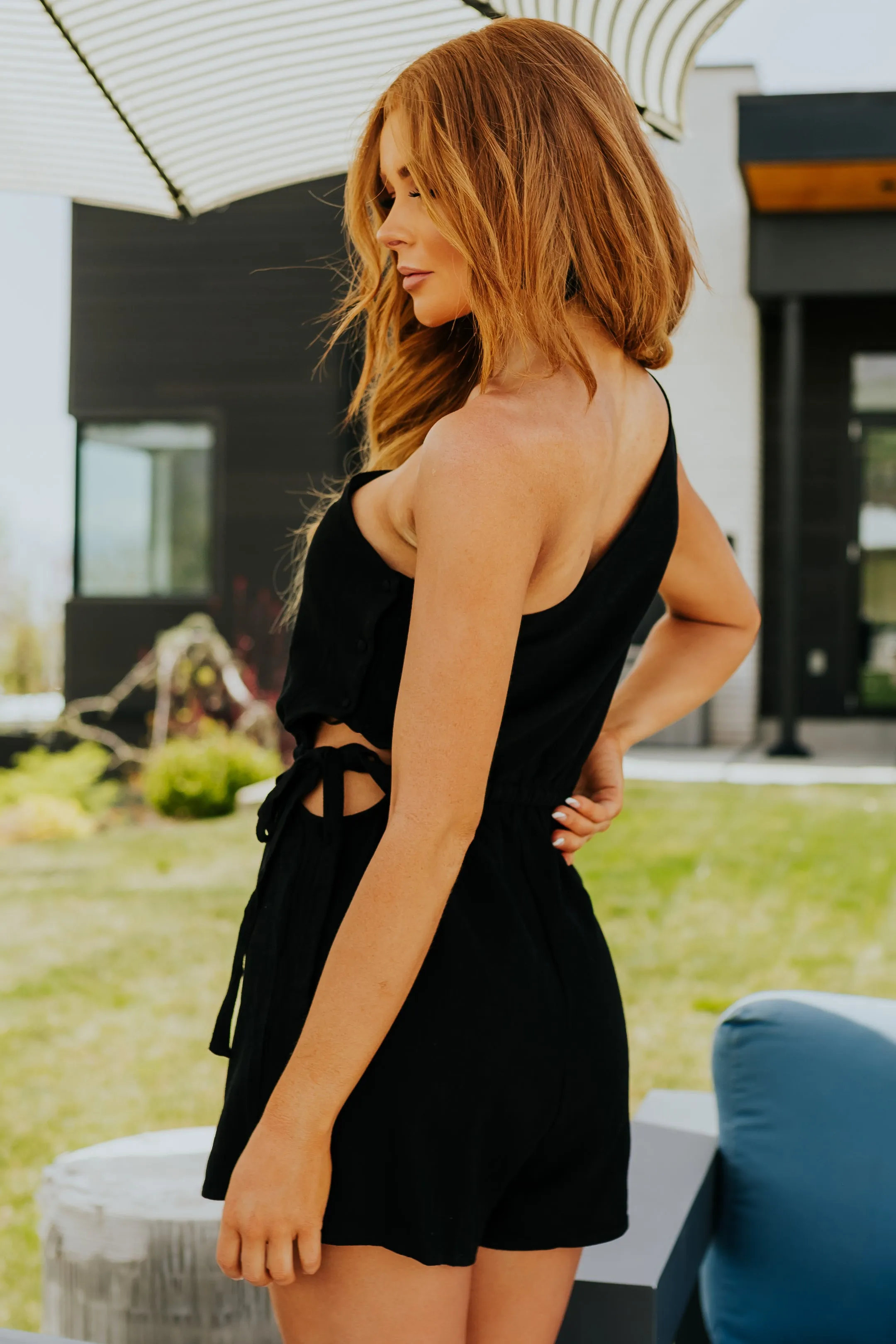 Black One Shoulder Waist Cut Out Romper sold by Lime Lush product image thumbnail 3