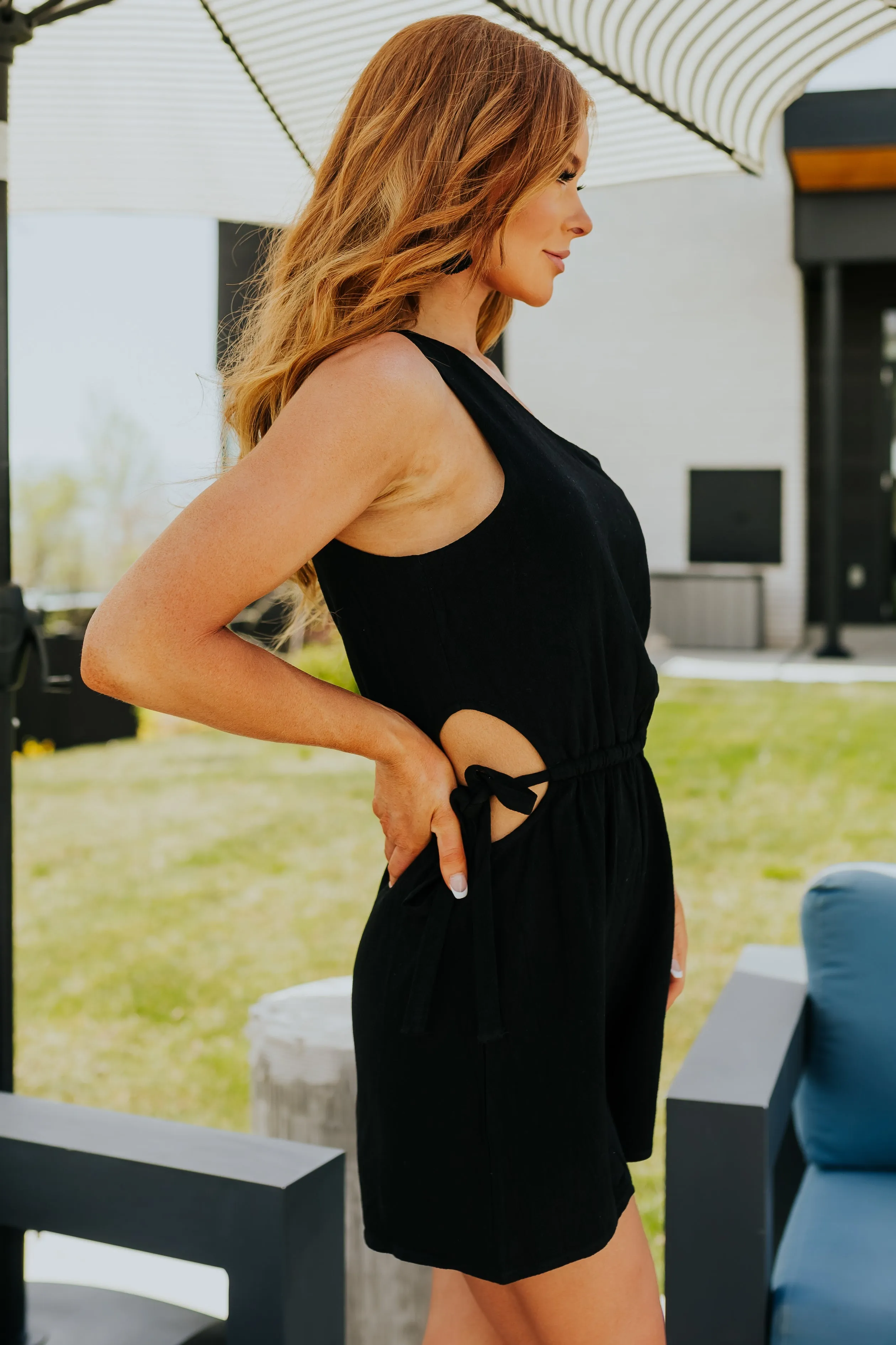 Black One Shoulder Waist Cut Out Romper sold by Lime Lush product image thumbnail 5