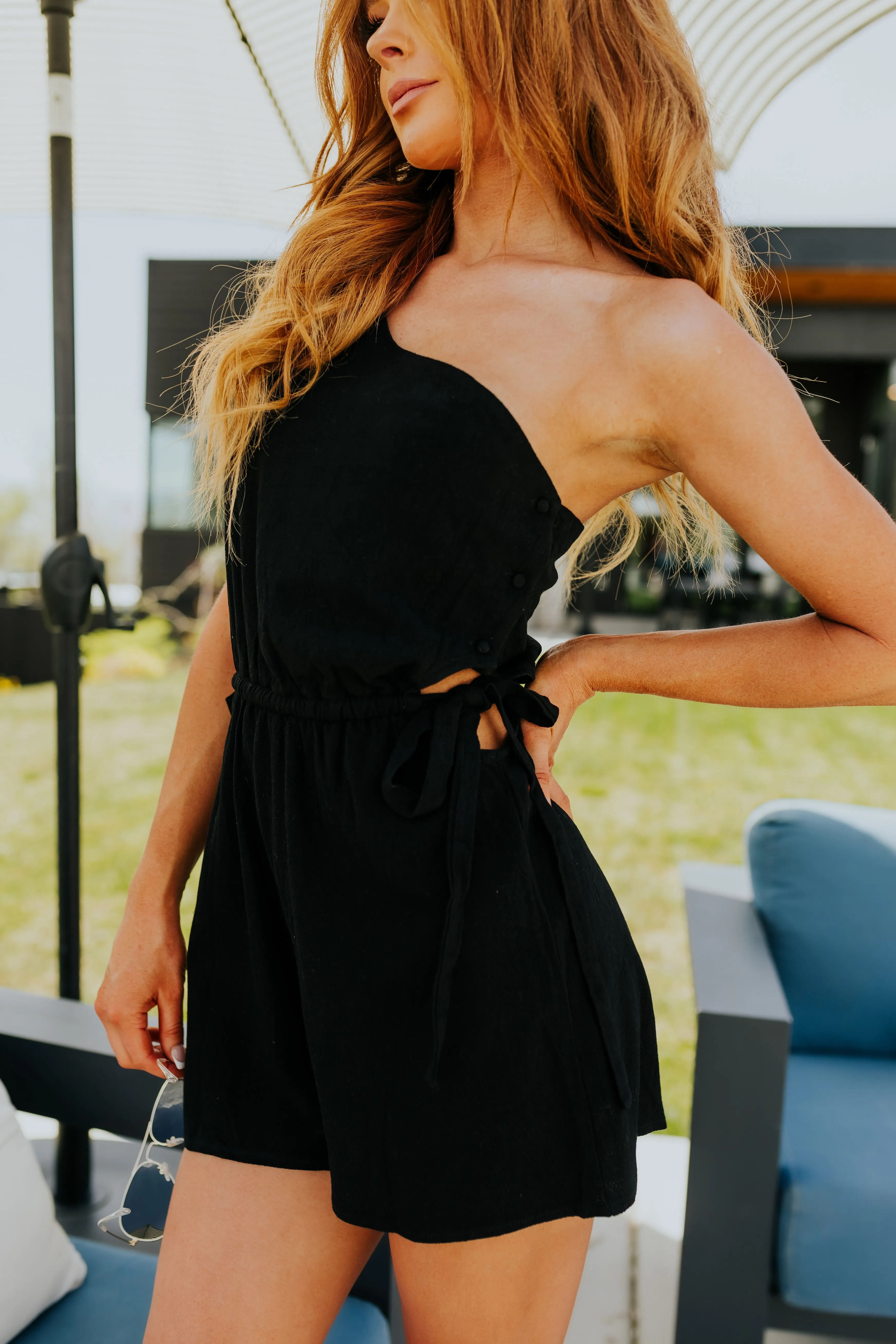 Black One Shoulder Waist Cut Out Romper sold by Lime Lush product image thumbnail 4