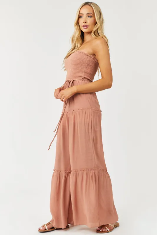 Chestnut Strapless Smocked Jumpsuit with Tie Detail sold by Lime Lush
