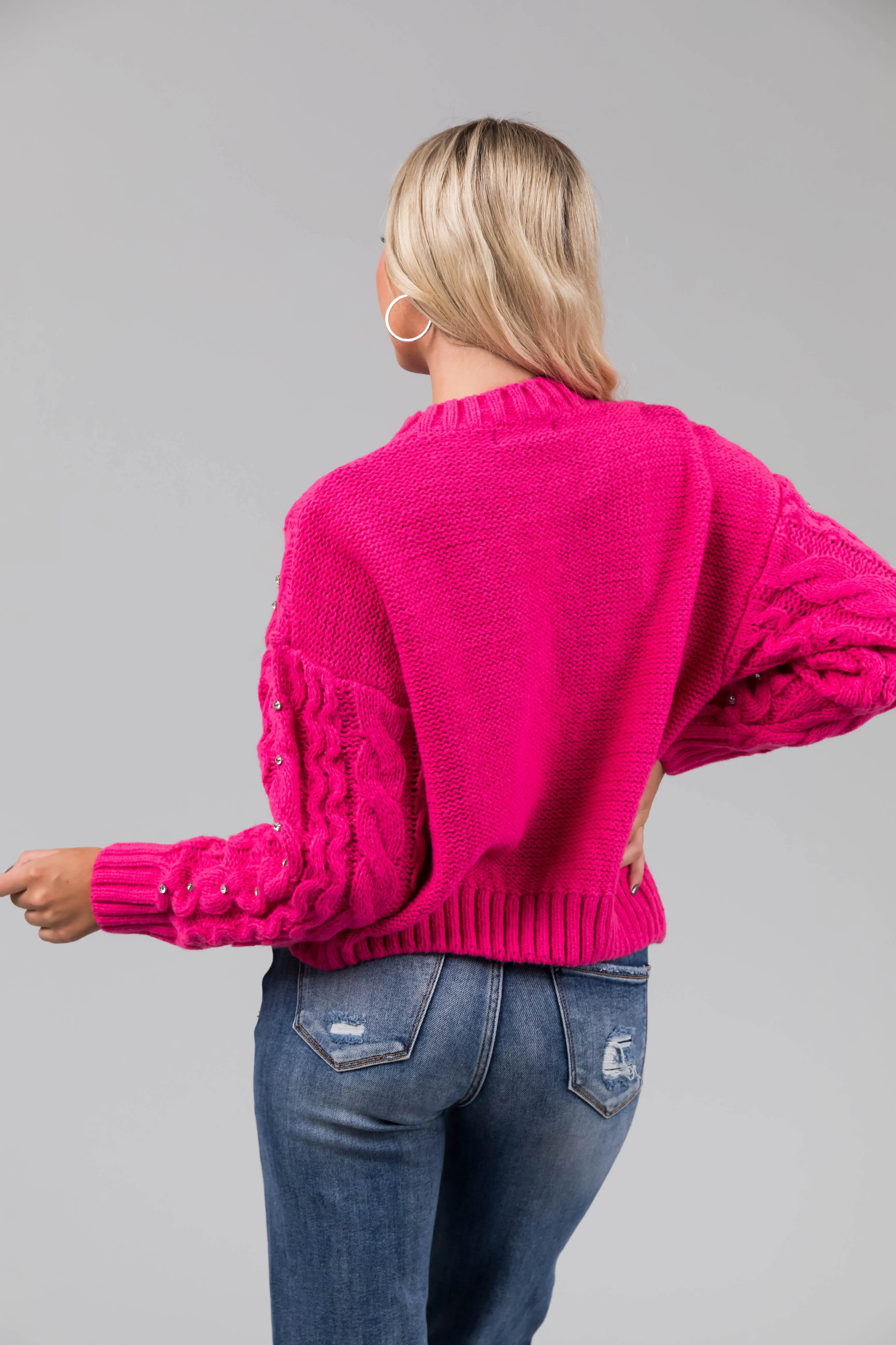 Magenta Rhinestone Studded Cable Knit Sweater sold by Lime Lush product image thumbnail 5