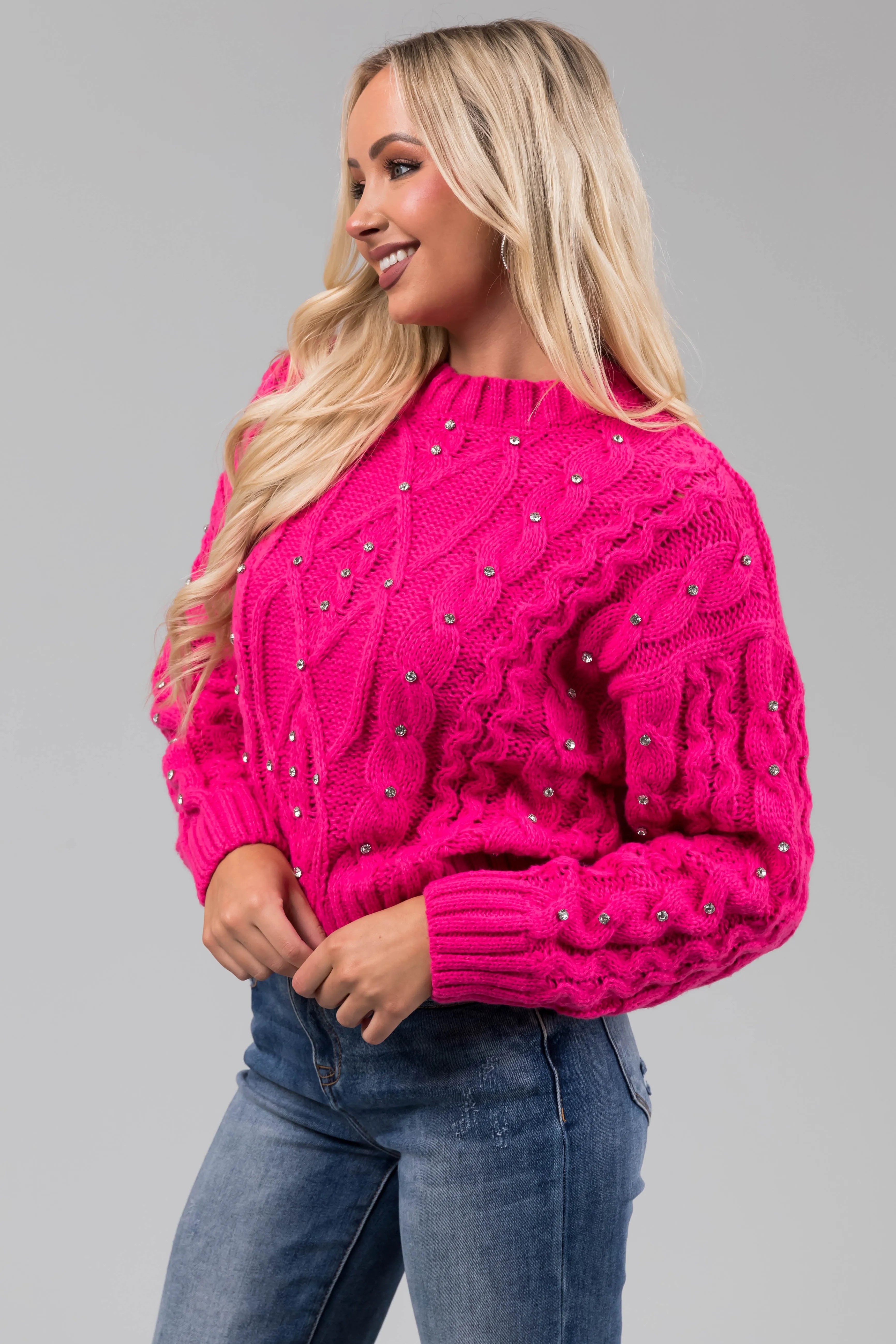 Magenta Rhinestone Studded Cable Knit Sweater sold by Lime Lush product image thumbnail 4