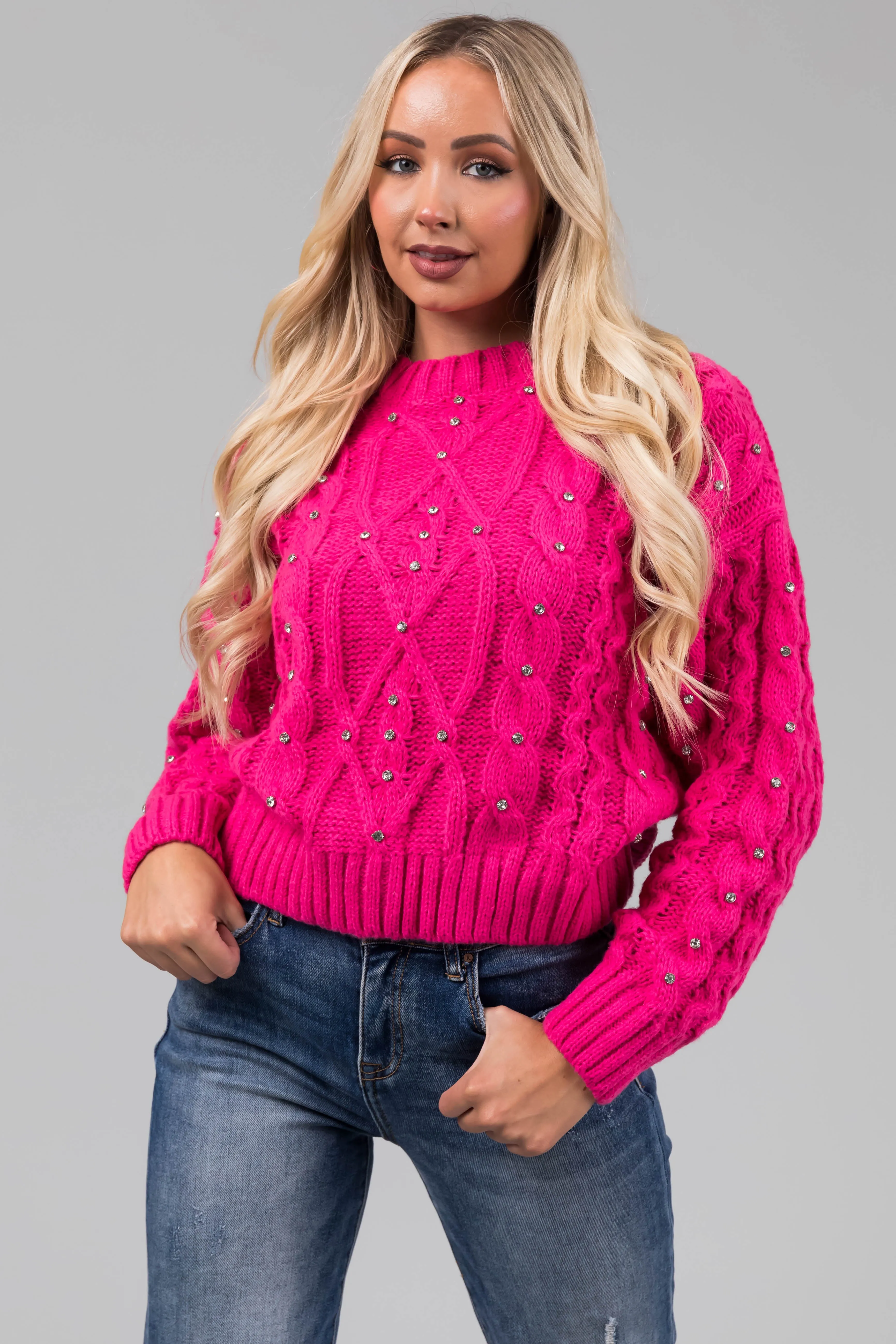 Magenta Rhinestone Studded Cable Knit Sweater sold by Lime Lush product image thumbnail 2
