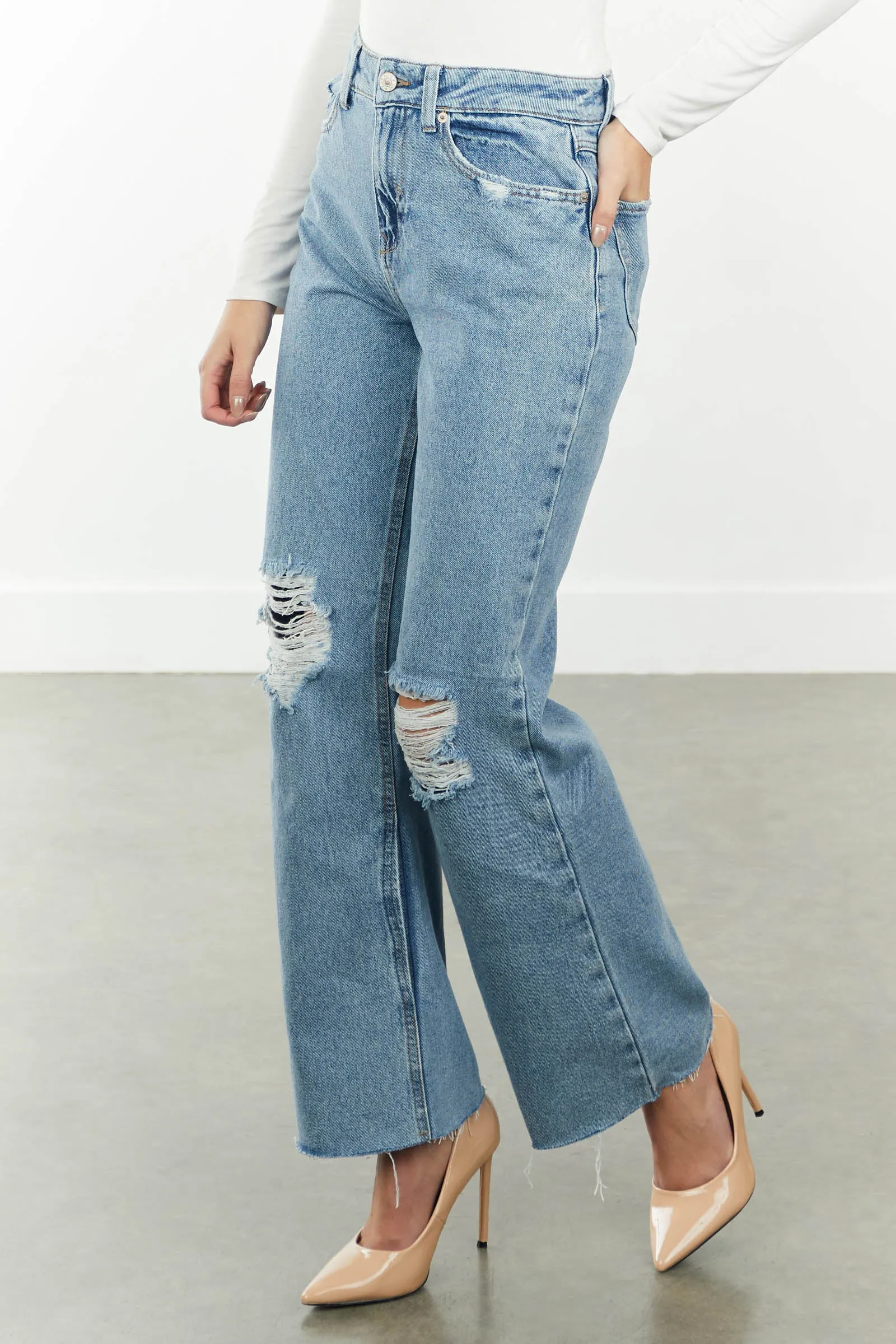 Rewash Medium Wash High Rise Distressed Wide Leg Jeans sold by Lime Lush product image thumbnail 2