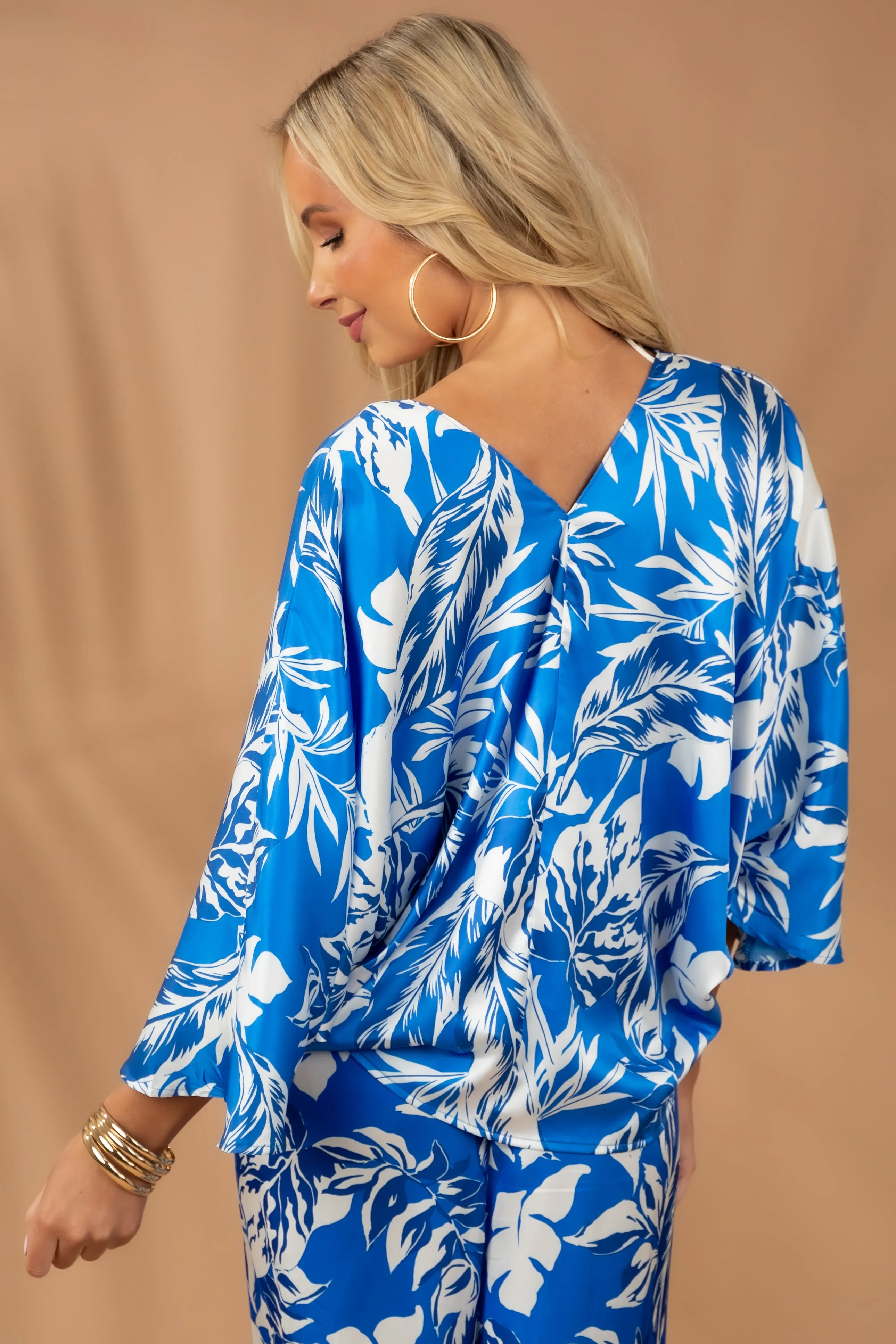 Flying Tomato Satin Cobalt Printed Kimono Sleeve Blouse sold by Lime Lush product image thumbnail 3