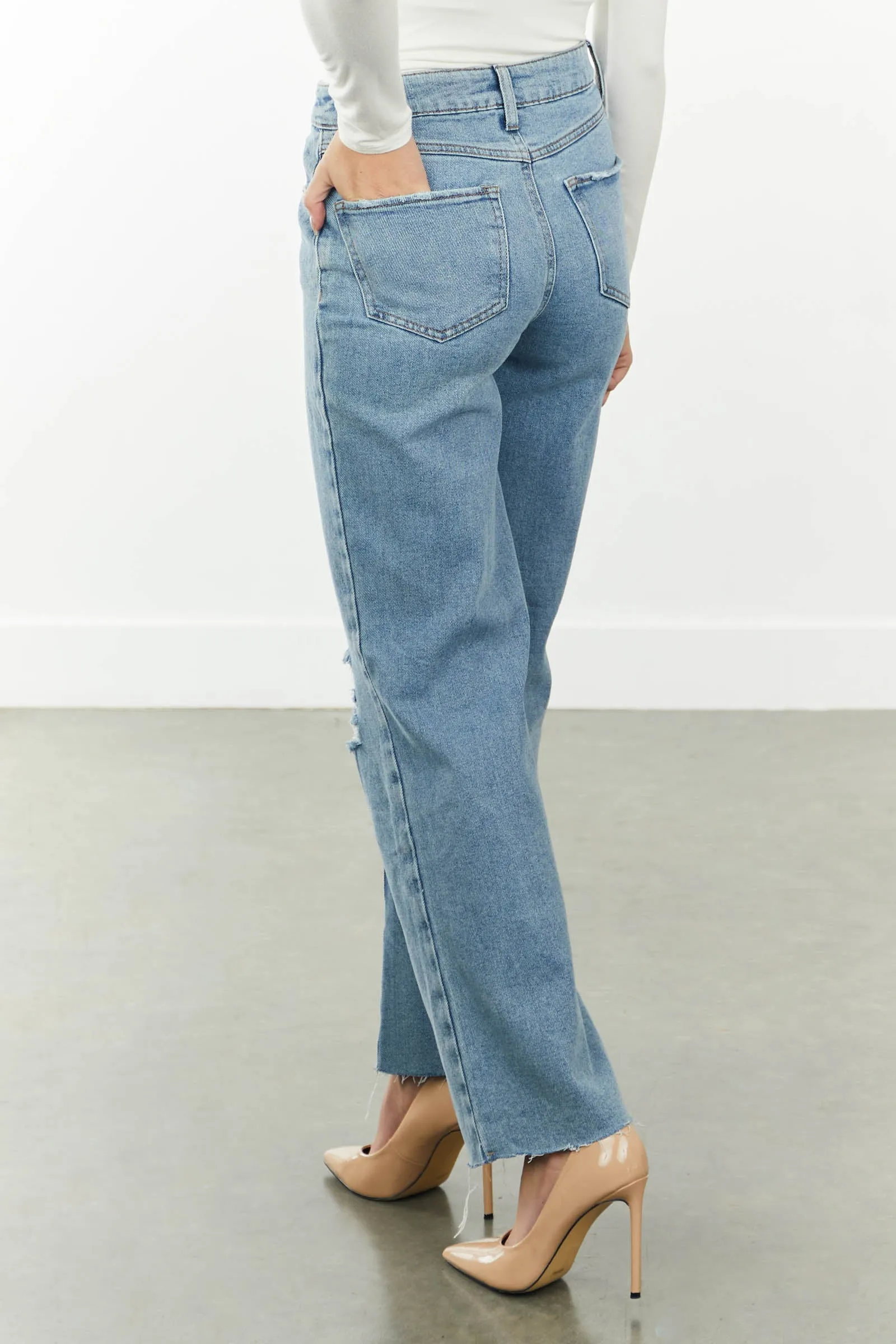 Rewash Medium Wash High Rise Distressed Wide Leg Jeans sold by Lime Lush product image thumbnail 3