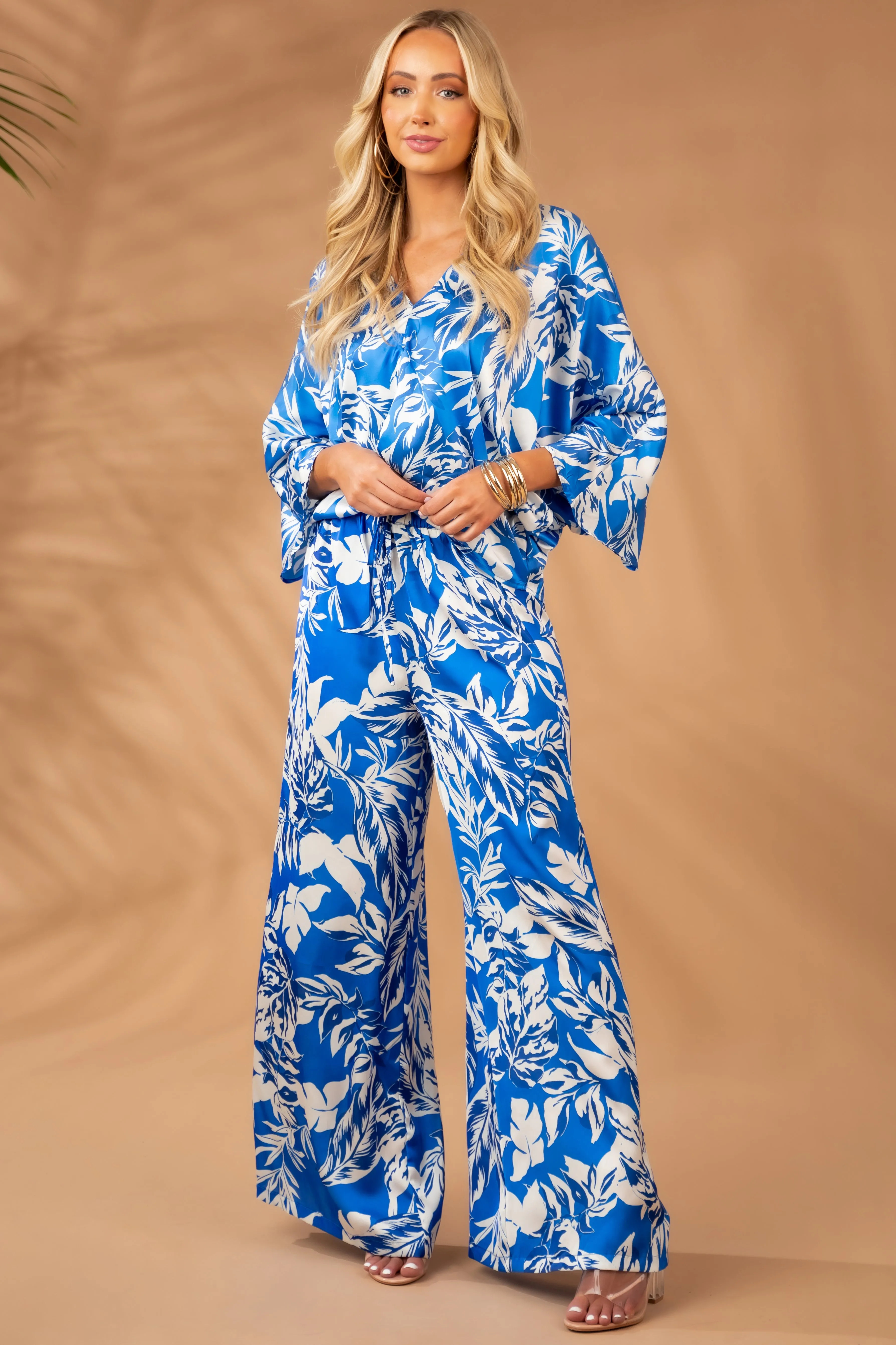 Flying Tomato Satin Cobalt Printed Kimono Sleeve Blouse sold by Lime Lush product image thumbnail 2