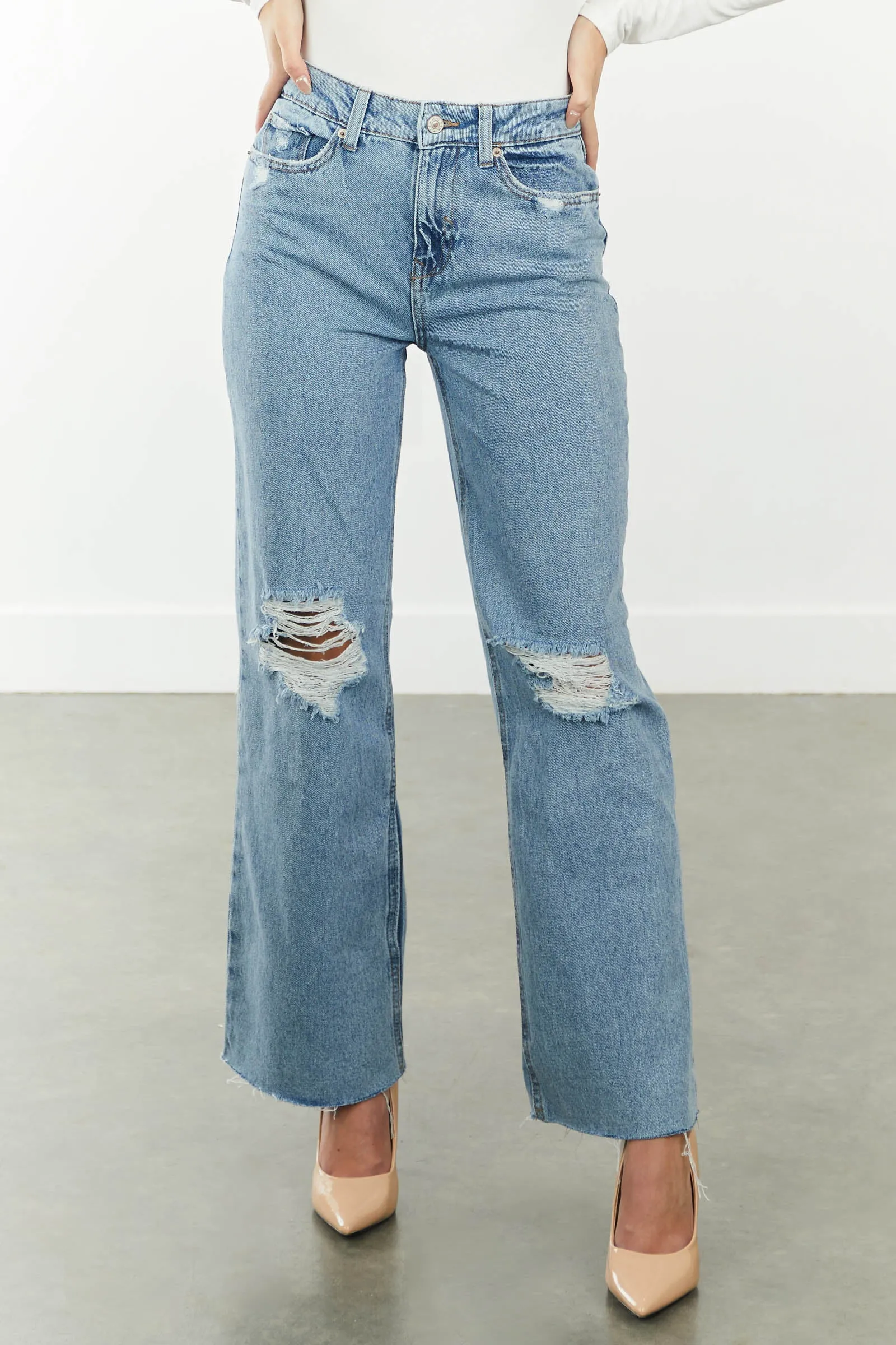 Rewash Medium Wash High Rise Distressed Wide Leg Jeans sold by Lime Lush