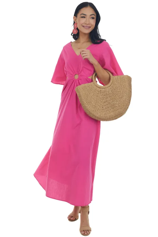Magenta Flare Sleeve Waist Cut Out Midi Dress sold by Lime Lush