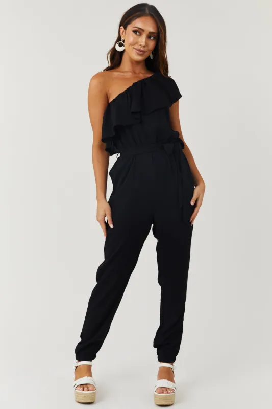 Black Ruffle One Shoulder Waist Belt Tie Jumpsuit sold by Lime Lush