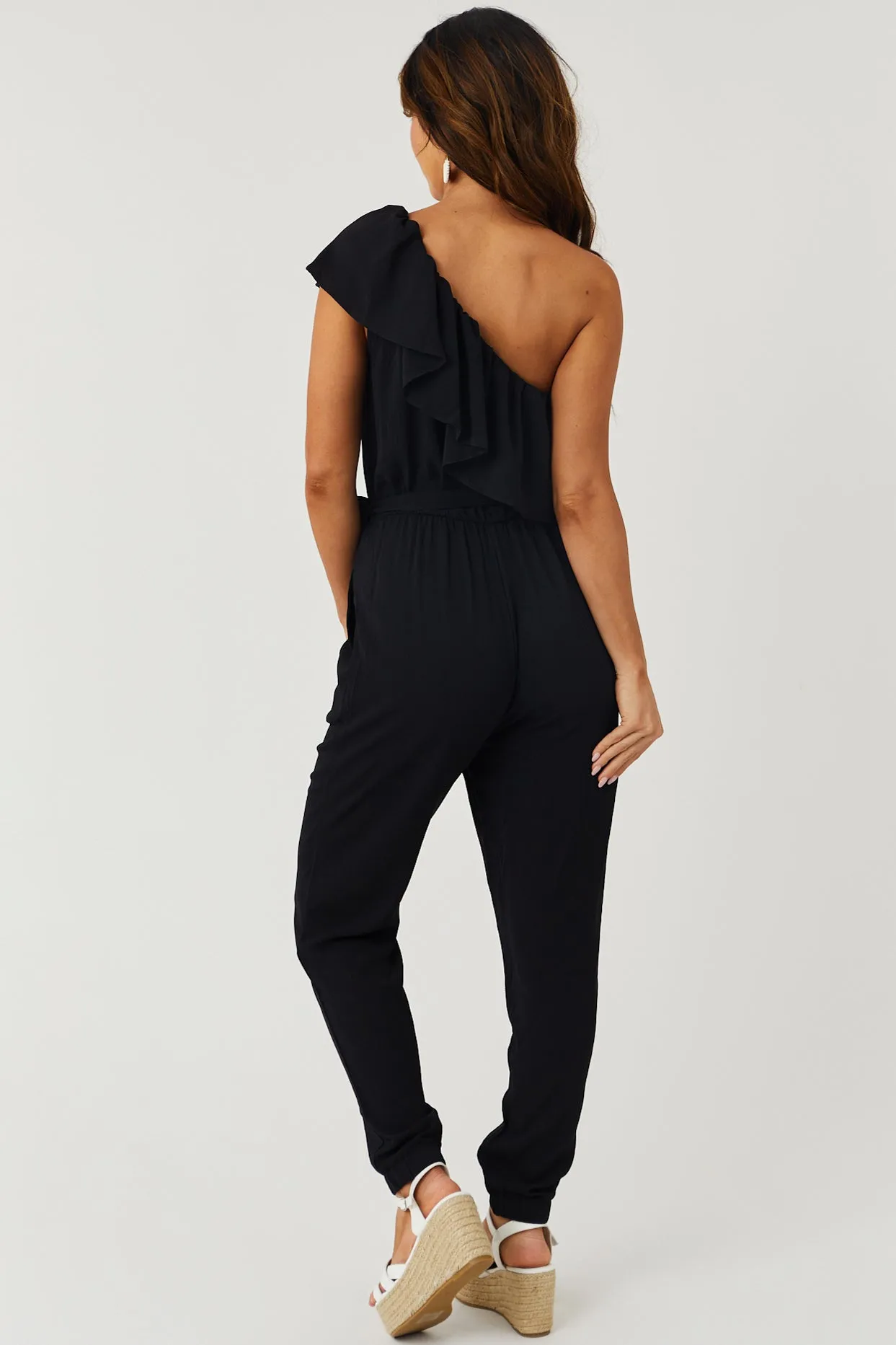 Black Ruffle One Shoulder Waist Belt Tie Jumpsuit sold by Lime Lush product image thumbnail 4