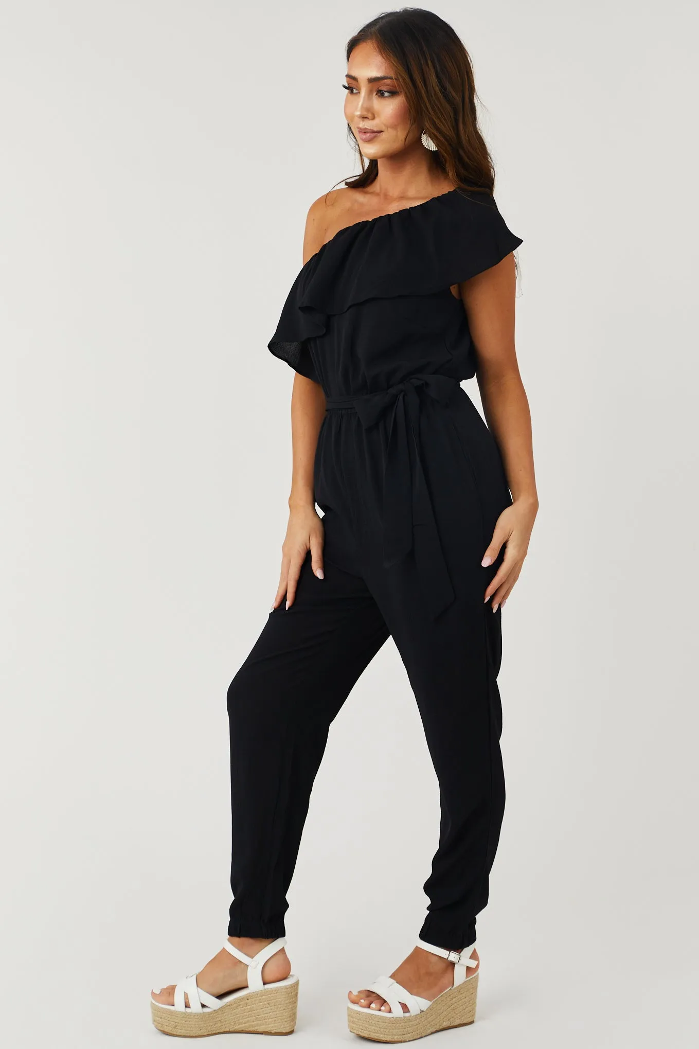 Black Ruffle One Shoulder Waist Belt Tie Jumpsuit sold by Lime Lush product image thumbnail 3