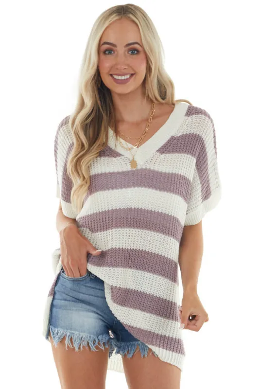 Off White and Mauve Striped Loose Knit Top sold by Lime Lush