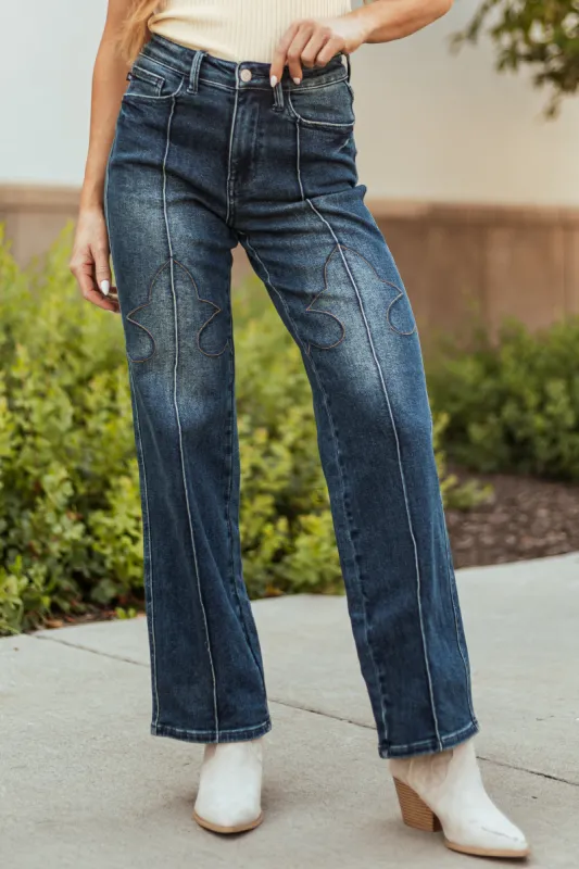 Judy Blue Dark Wash Embroidered Detail Jeans sold by Lime Lush