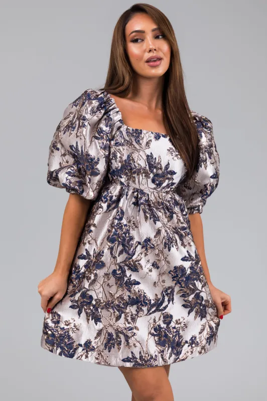 Navy Jacquard Floral Print Mini Dress sold by Lime Lush