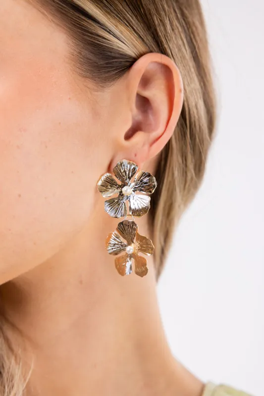 Gold Metallic Twin Flower Drop Earrings sold by Lime Lush