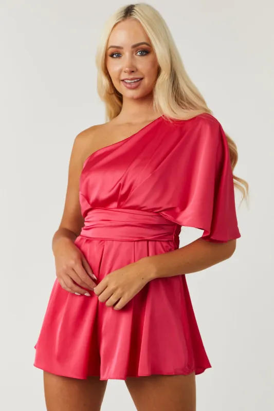 Raspberry One Shoulder Satin Romper sold by Lime Lush
