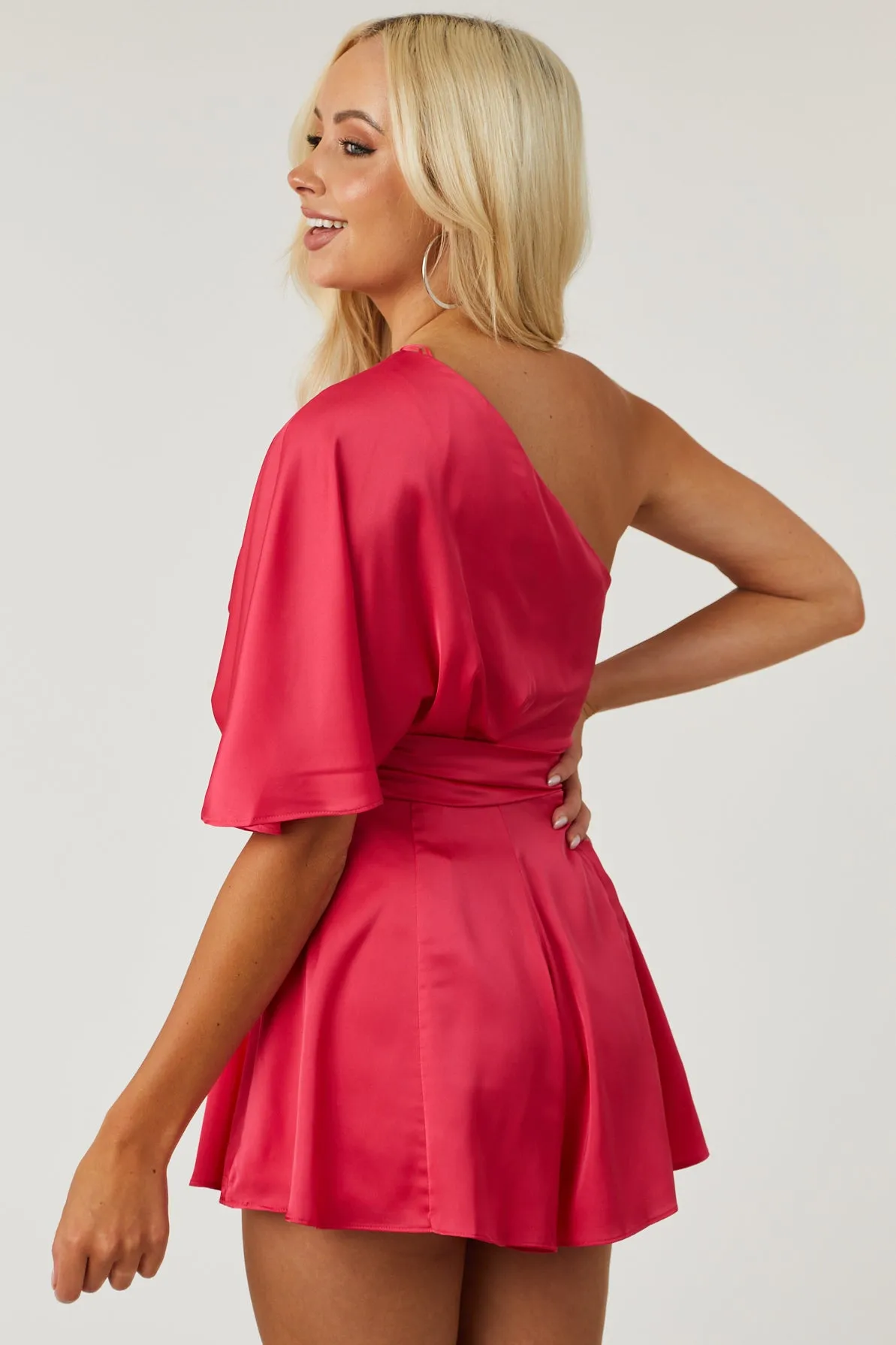Raspberry One Shoulder Satin Romper sold by Lime Lush product image thumbnail 5
