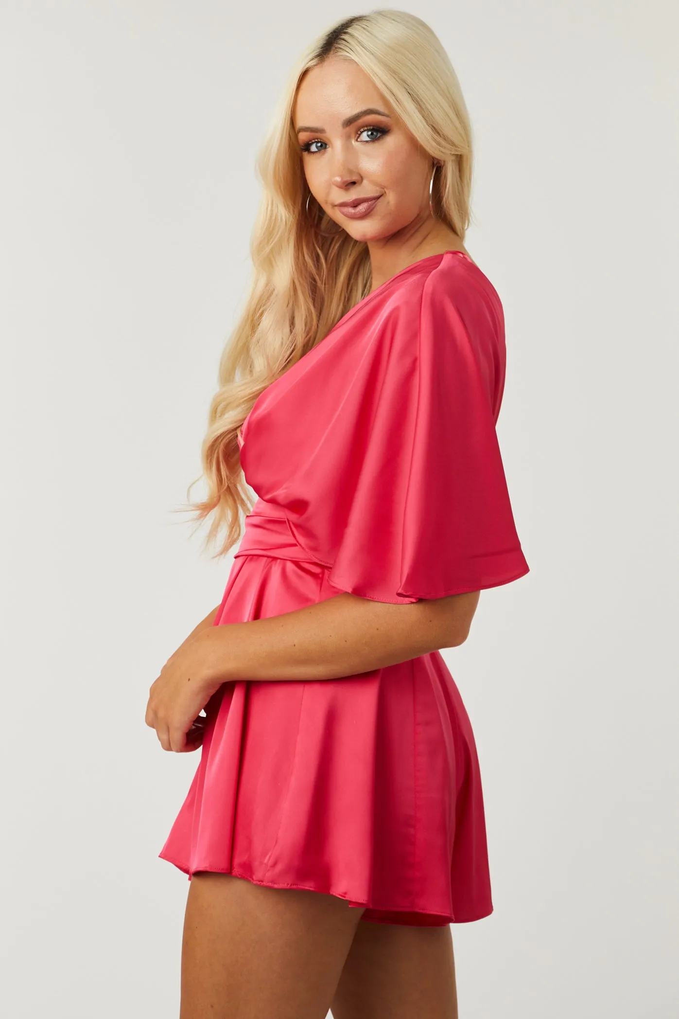 Raspberry One Shoulder Satin Romper sold by Lime Lush product image thumbnail 4