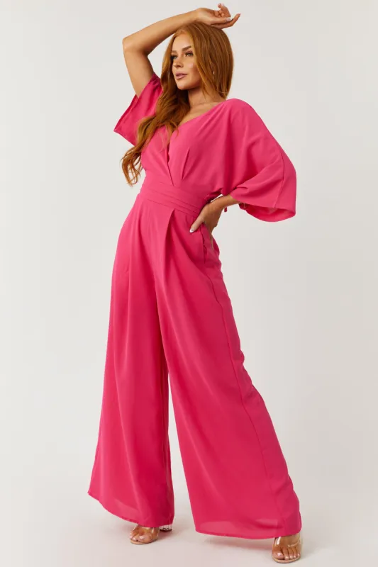 Hot Pink Deep V Neck Wide Leg Woven Jumpsuit sold by Lime Lush