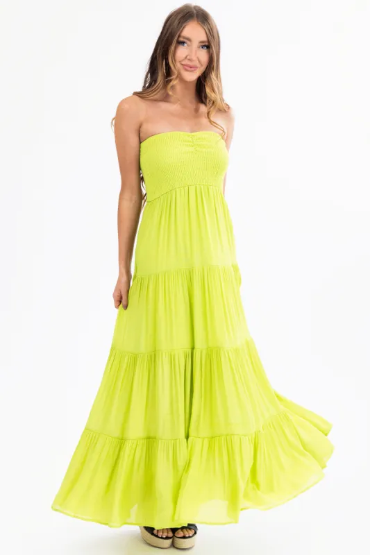 Kiwi Strapless Smocked Top Tiered Maxi Dress sold by Lime Lush