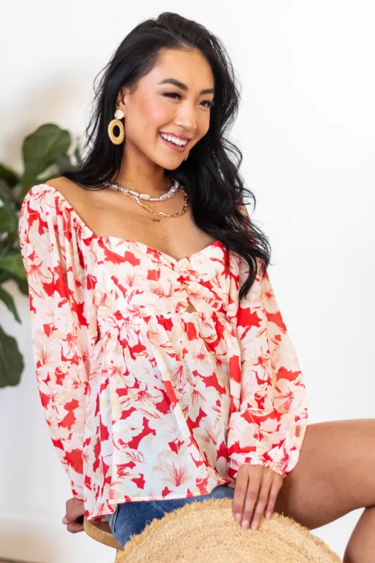 Flying Tomato Scarlet and Cream Floral Long Puff Sleeve Top sold by Lime Lush