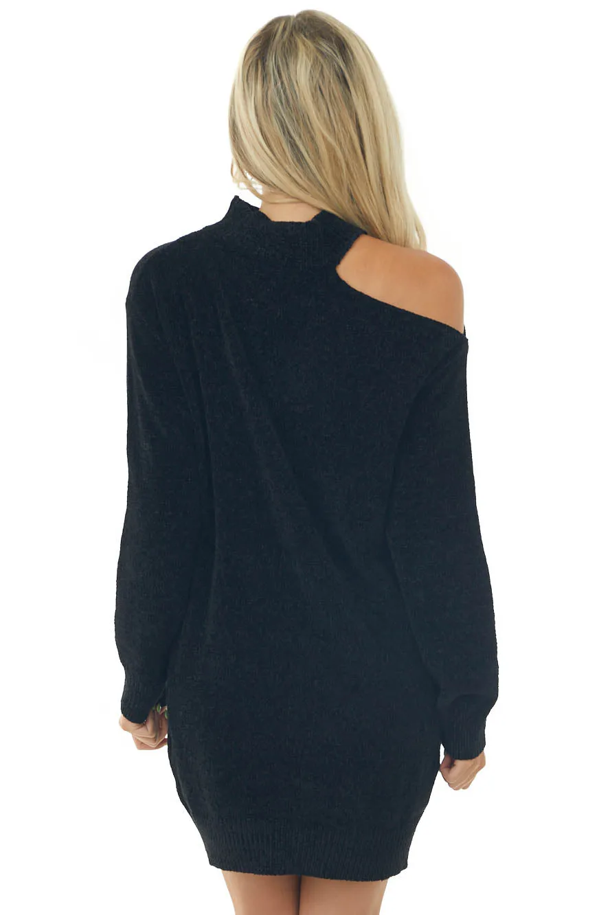 Black Chenille Sweater Dress with Single Cold Shoulder sold by Lime Lush product image thumbnail 5