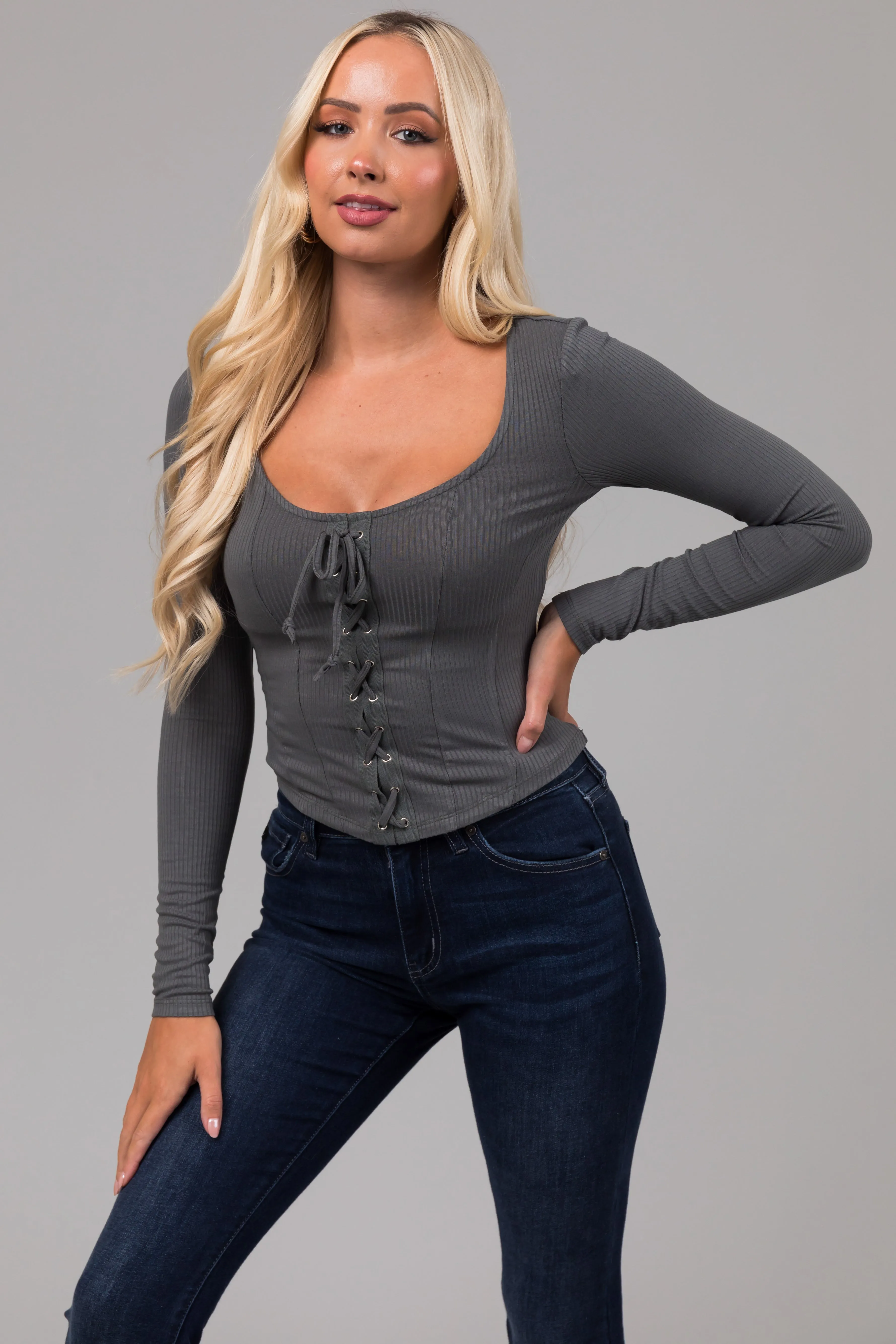 Dusty Sage Lace Up Ribbed Knit Corset Top sold by Lime Lush product image thumbnail 3