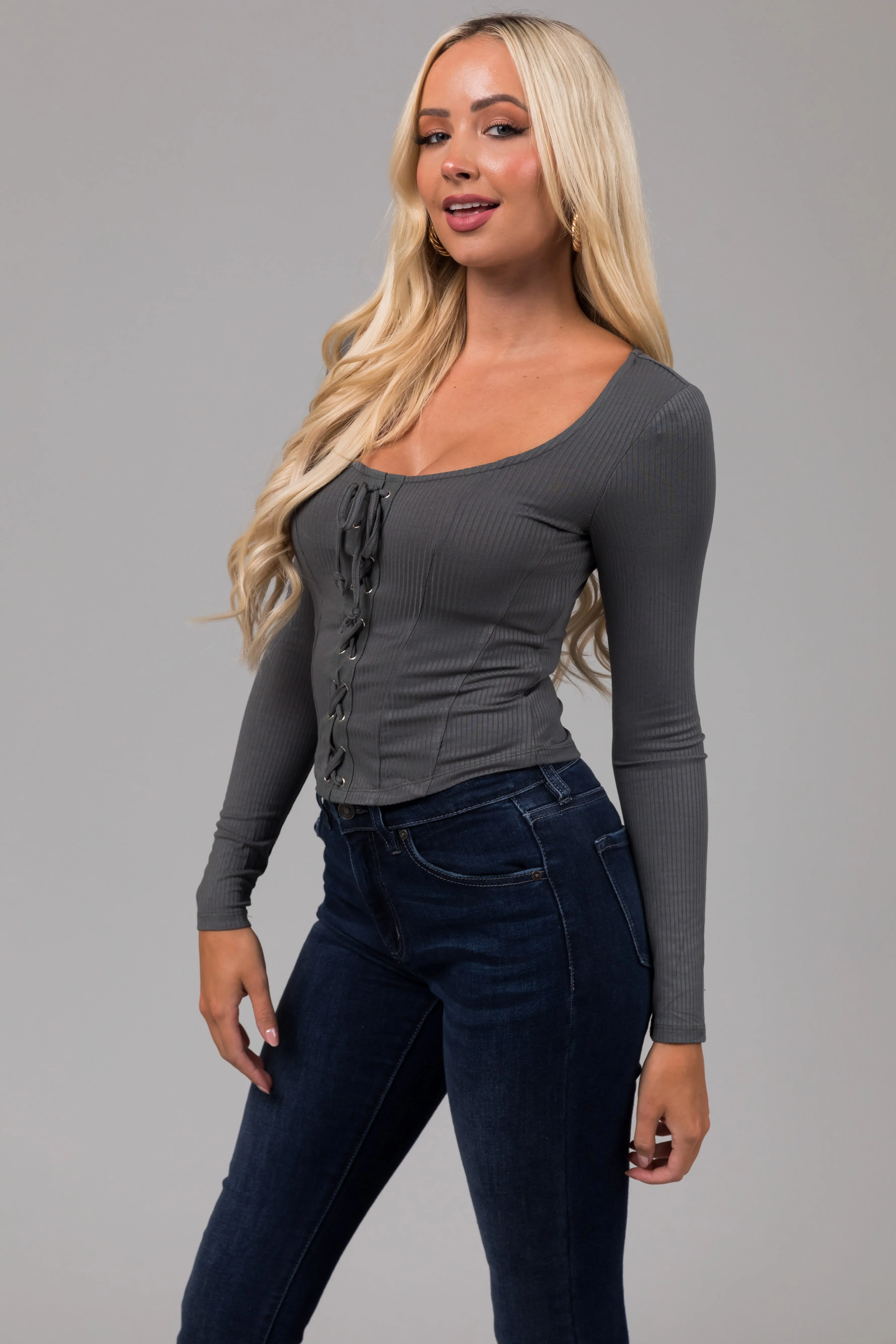 Dusty Sage Lace Up Ribbed Knit Corset Top sold by Lime Lush product image thumbnail 4