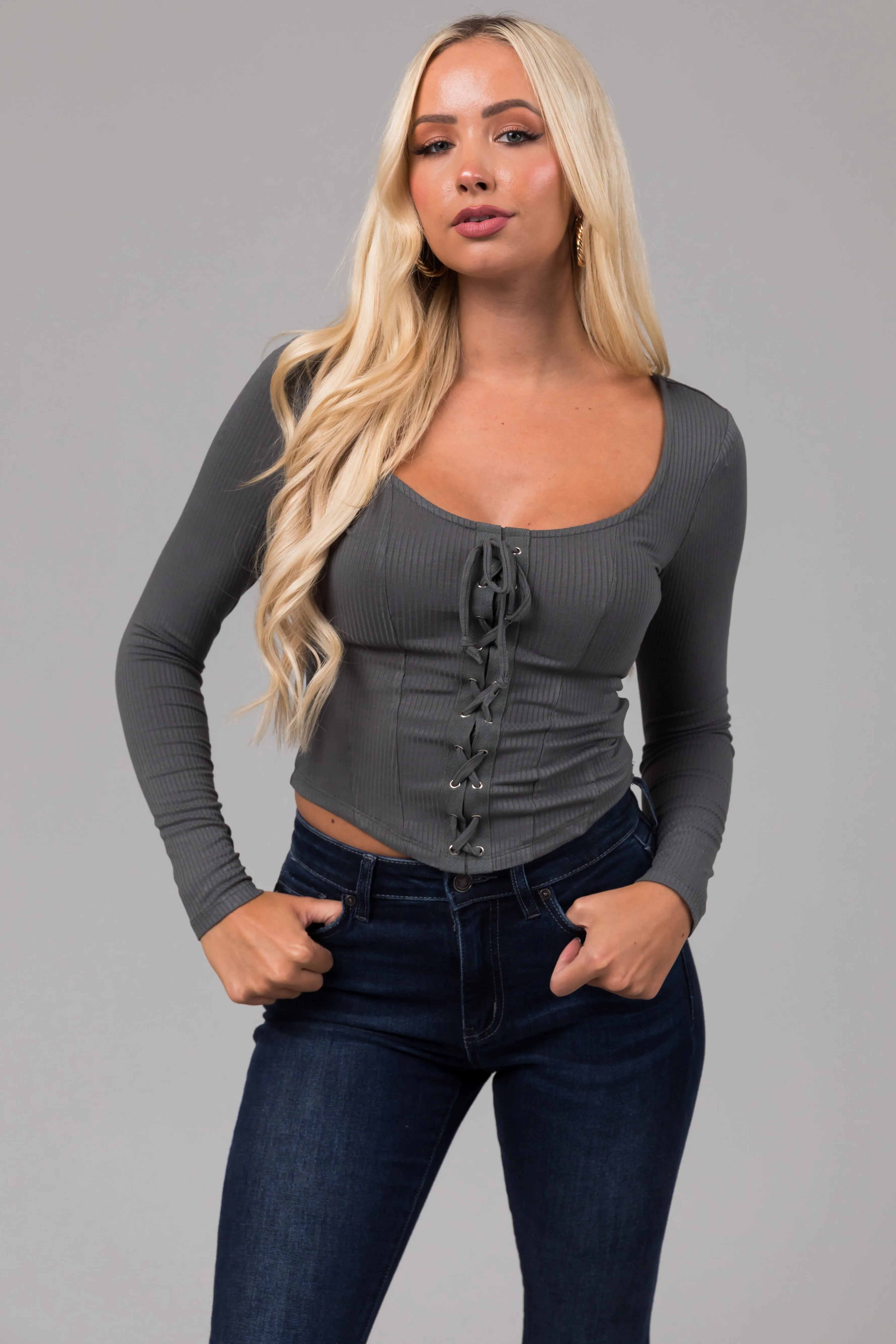 Dusty Sage Lace Up Ribbed Knit Corset Top sold by Lime Lush product image thumbnail 2