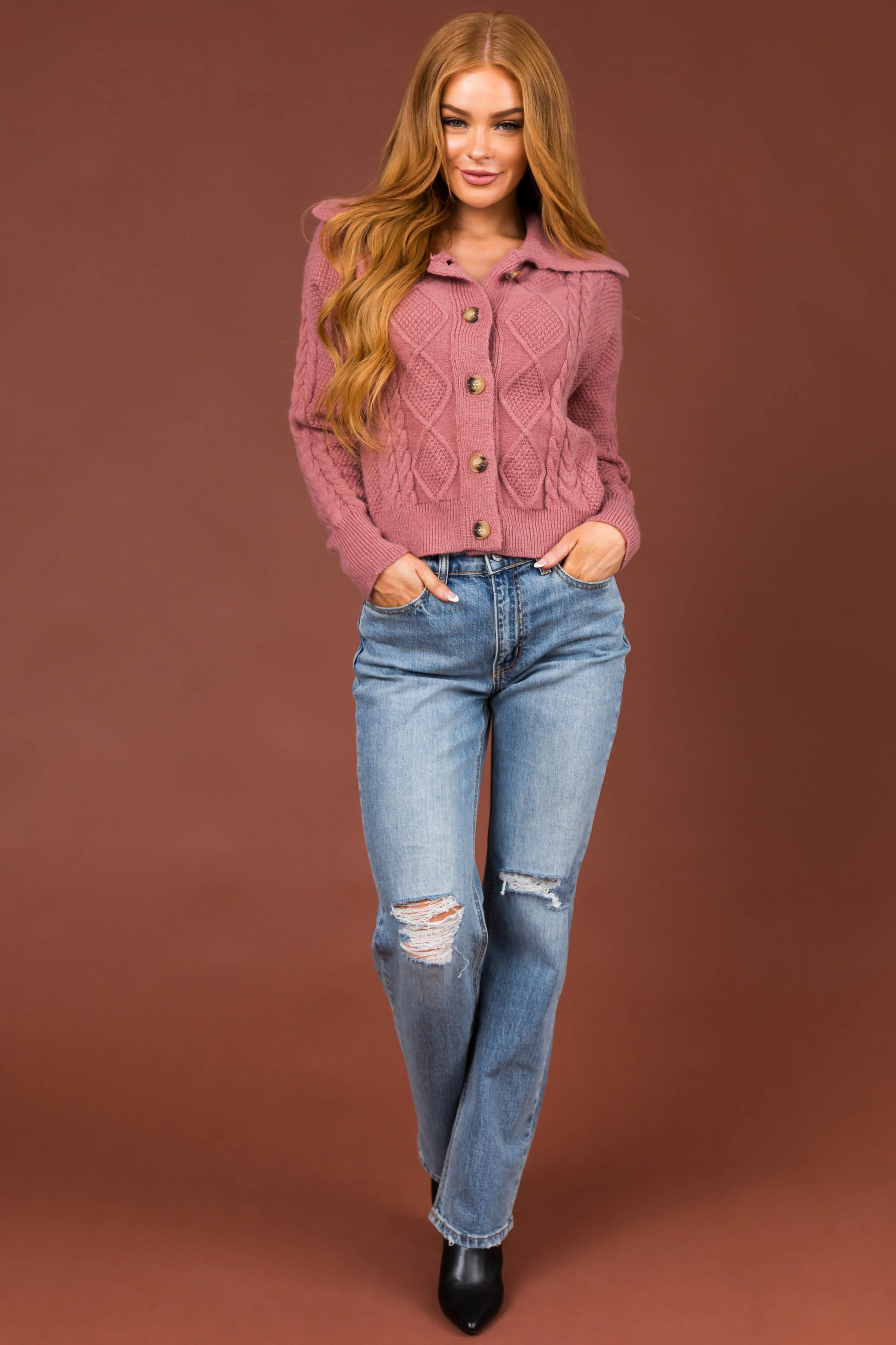 Punch Cable Knit Button Up Collared Cardigan sold by Lime Lush product image thumbnail 5