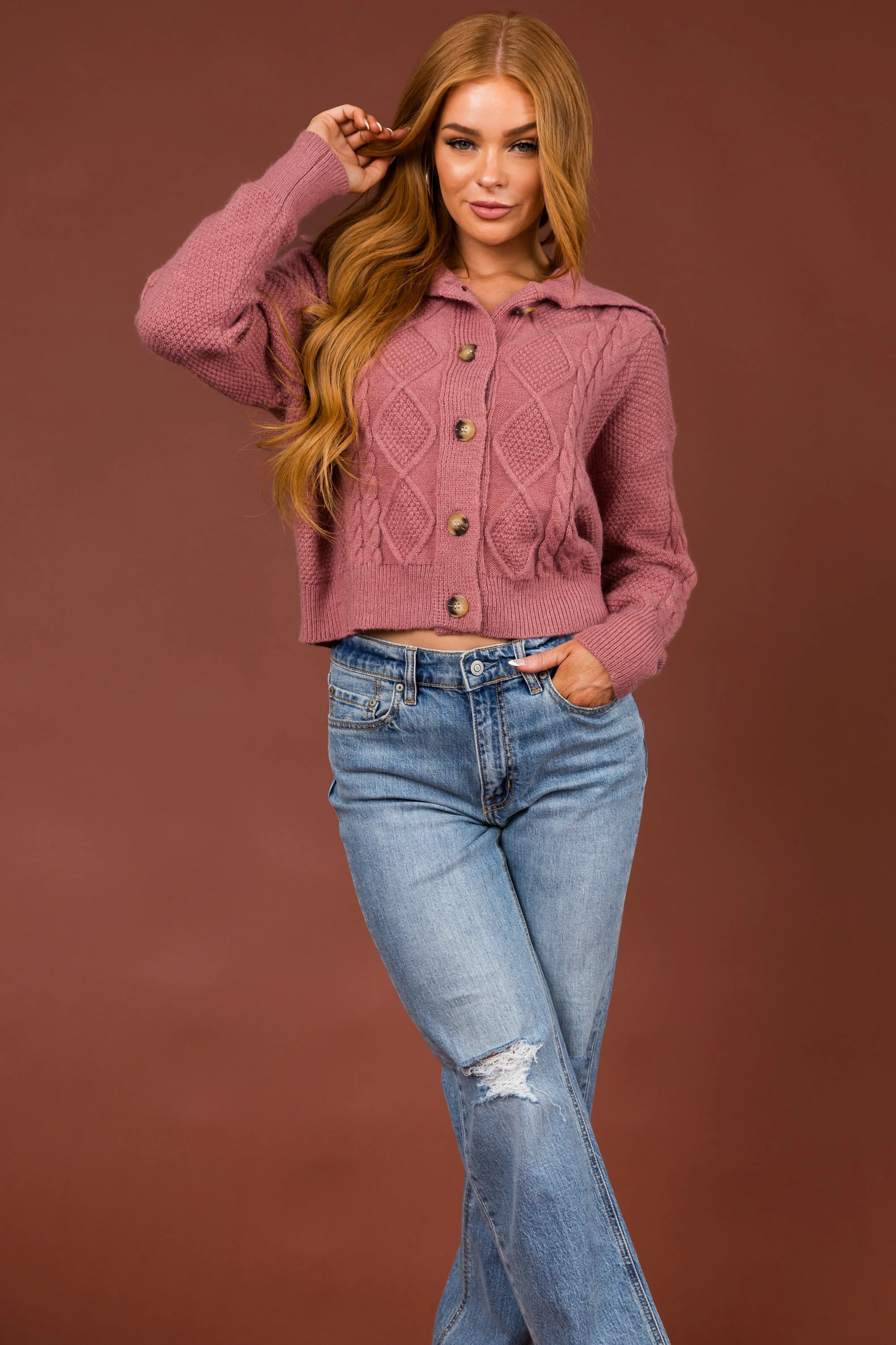 Punch Cable Knit Button Up Collared Cardigan sold by Lime Lush product image thumbnail 4