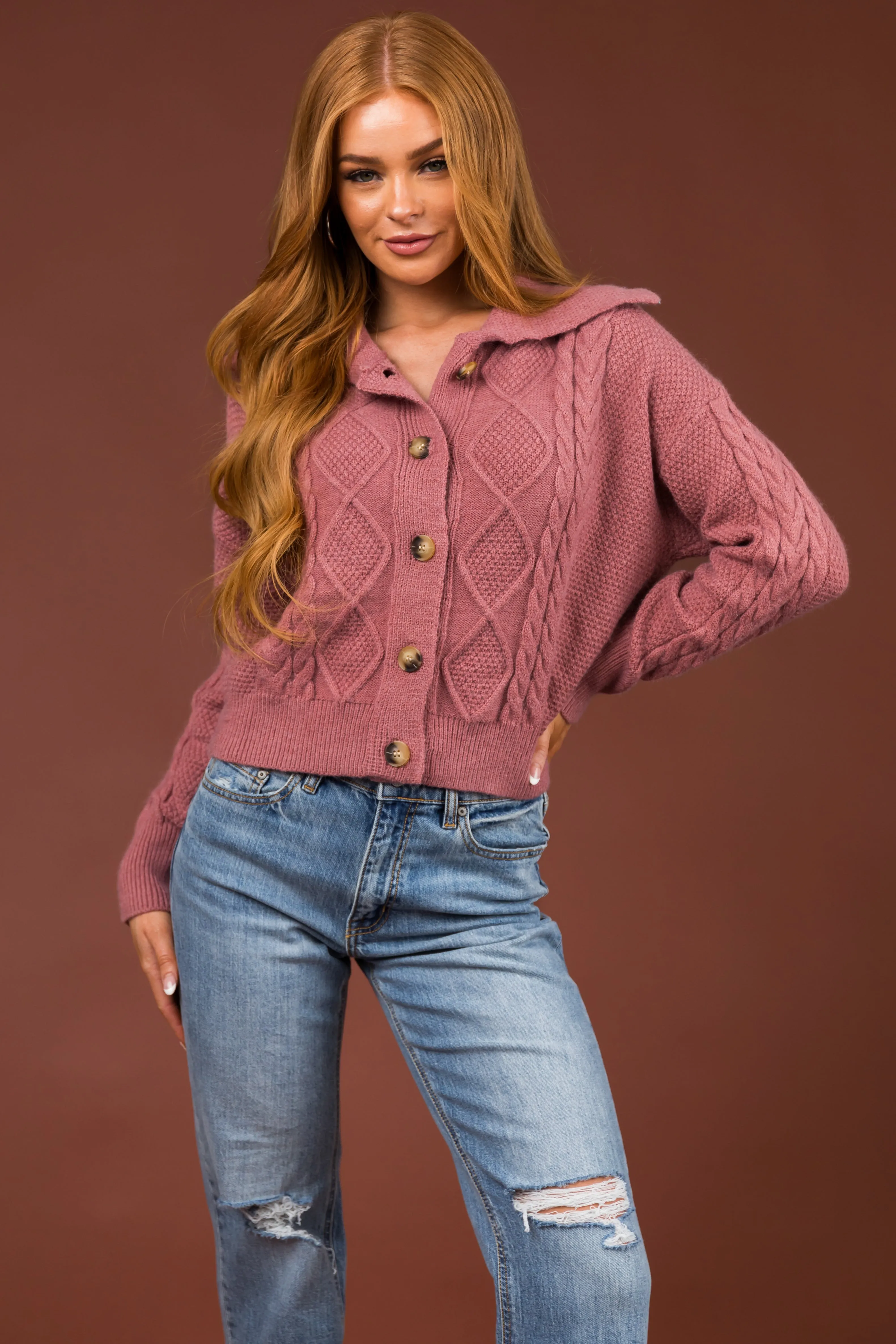 Punch Cable Knit Button Up Collared Cardigan sold by Lime Lush product image thumbnail 2