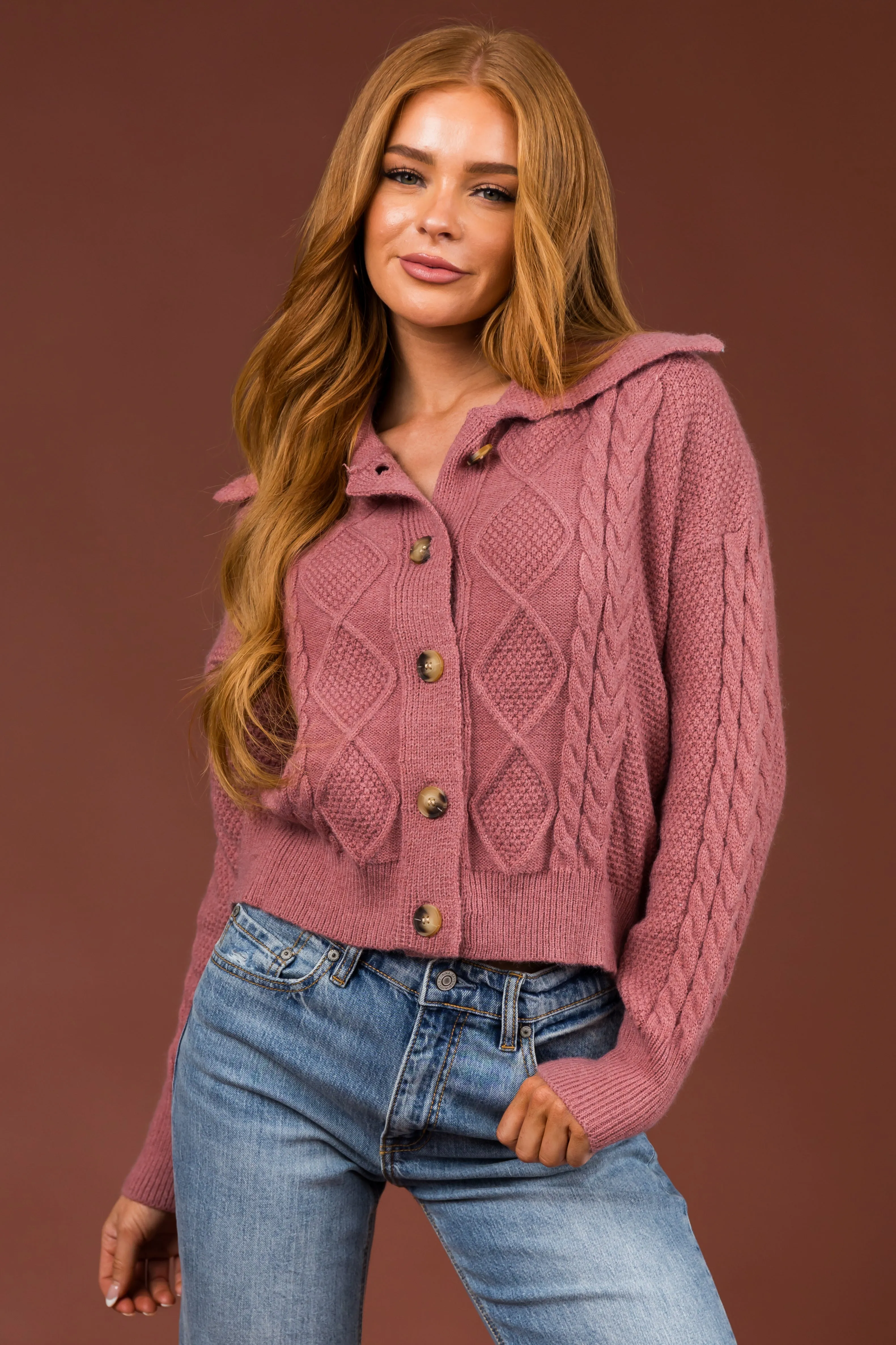 Punch Cable Knit Button Up Collared Cardigan sold by Lime Lush