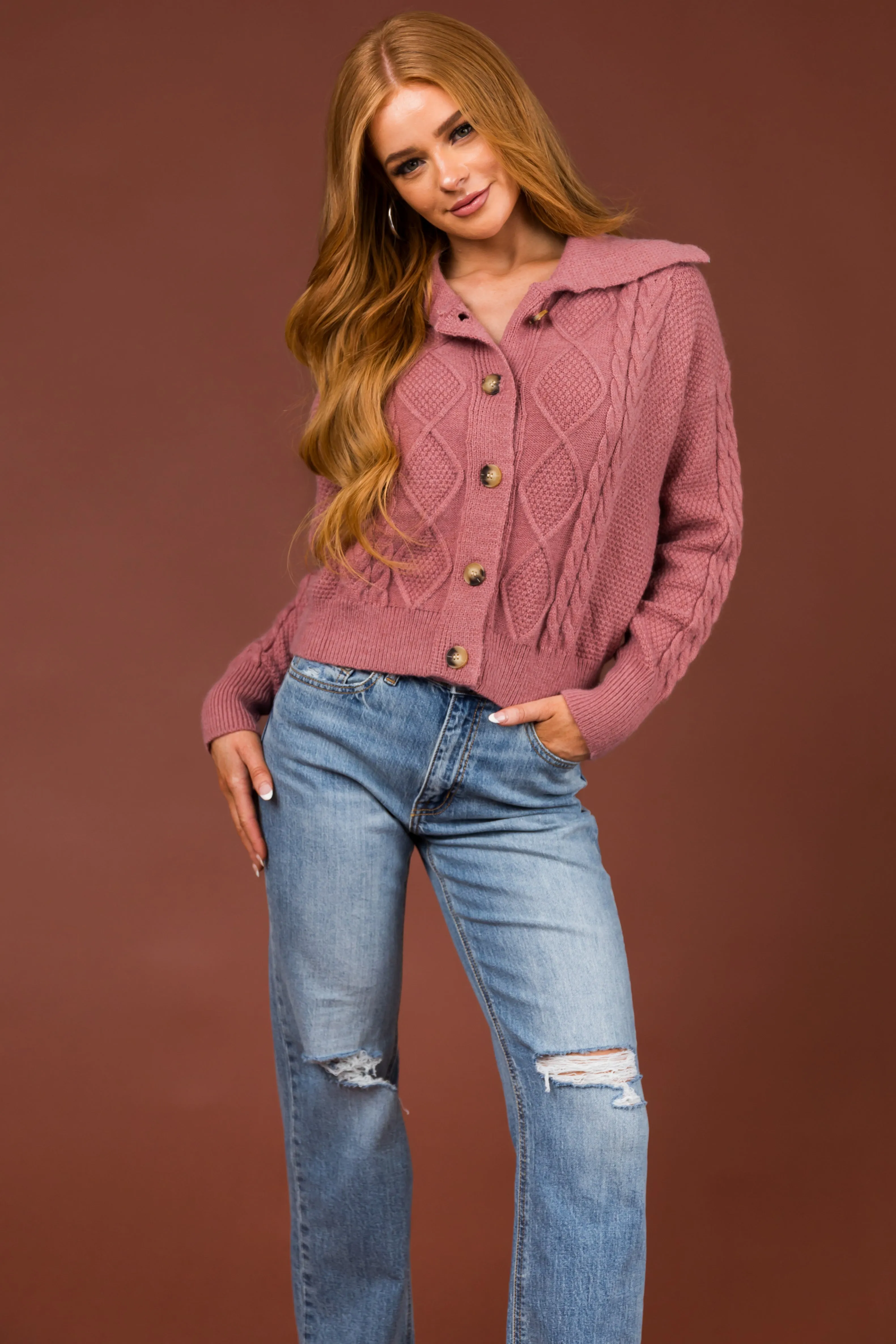 Punch Cable Knit Button Up Collared Cardigan sold by Lime Lush product image thumbnail 3