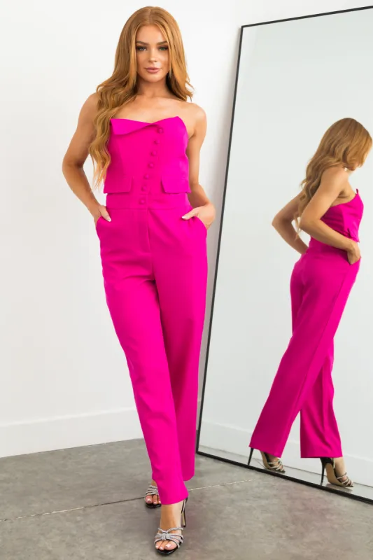 Magenta Strapless Asymmetrical Button Up Jumpsuit sold by Lime Lush