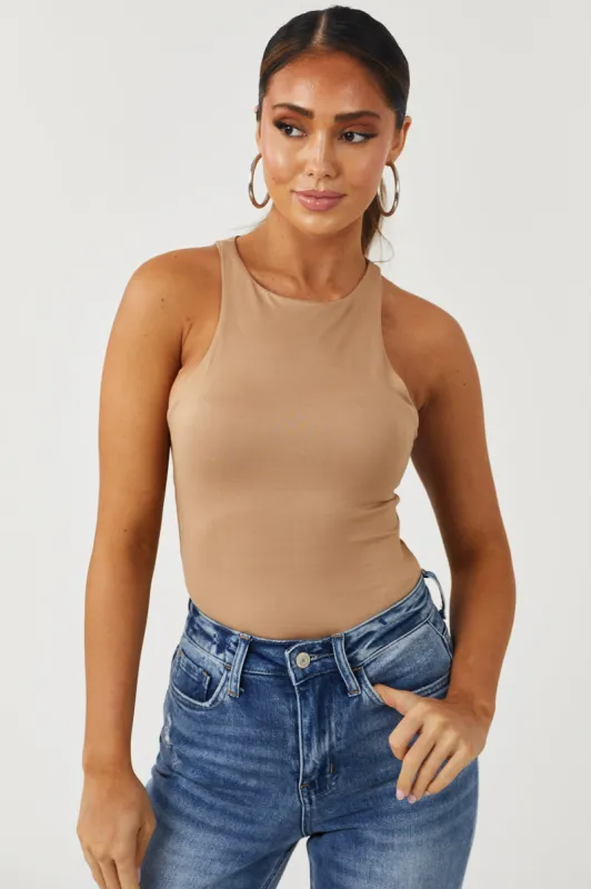 Camel Soft Brushed Knit Sleeveless Bodysuit sold by Lime Lush