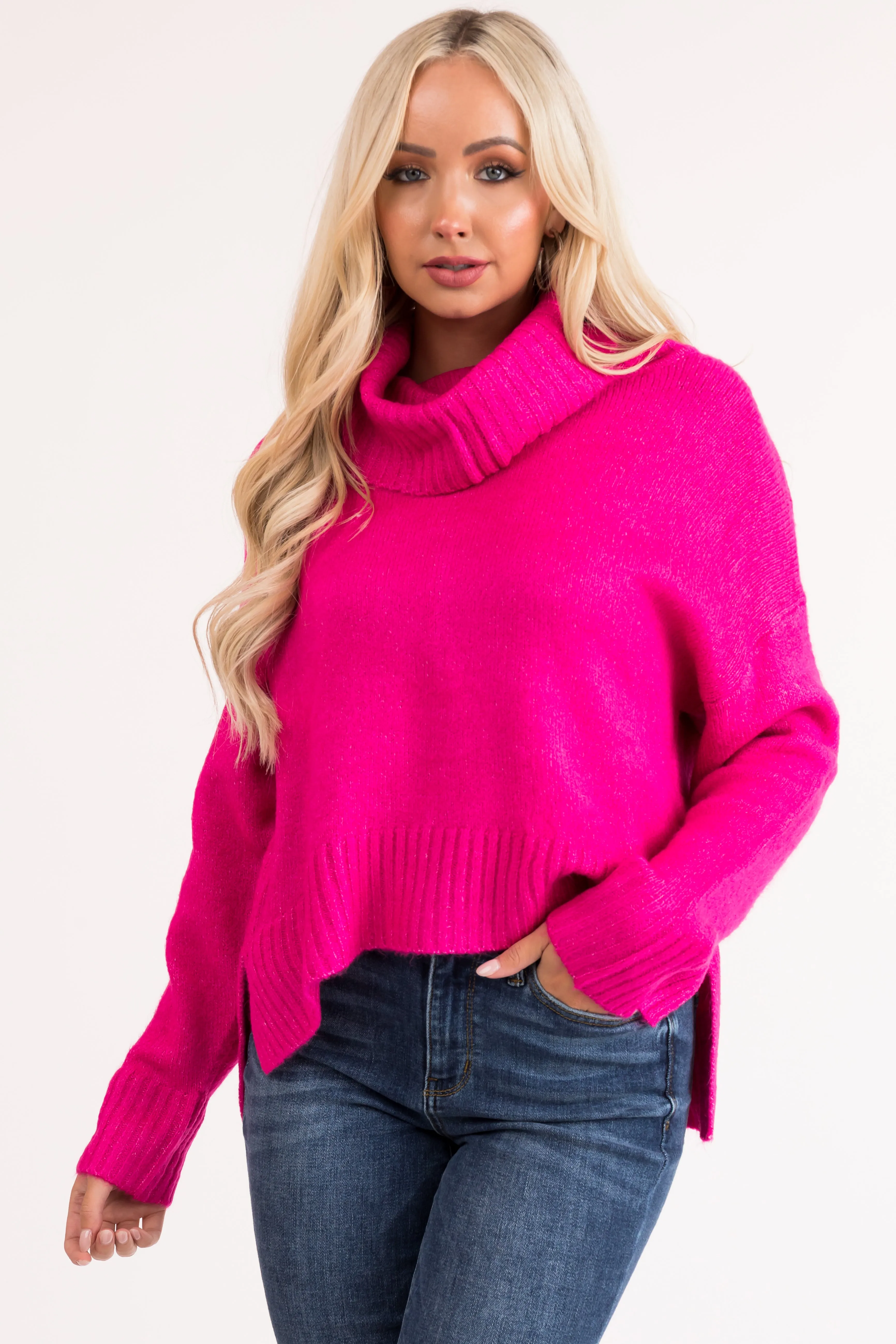 Magenta Wide Turtleneck Side Slit Sweater sold by Lime Lush